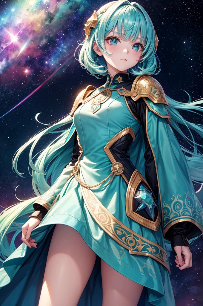 Girl with iridescent hair and detailed teal dress armor, Standing, rainbow colored cosmic nebula background, Stars, intergalactic, Intricate details, Perfect face,