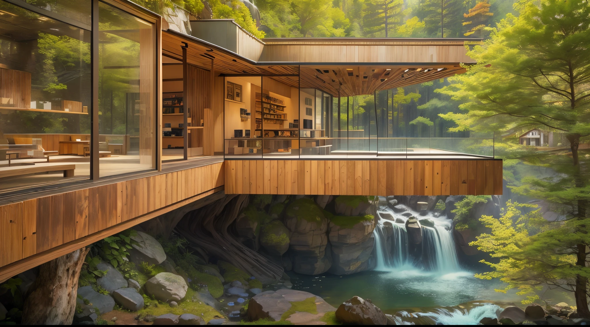 Glass villa in the forest, futuristic wooden house, Vertical wooden panels (((Water falls))), (((one store house))) (minimalism influence), ((Frank Lloyd Wright Fallingwater)),(((with large terraces))), ((natural lake)), waterfall, one-story house, big panorama windows. (((Standing wooden panels)))
