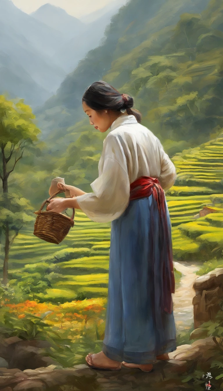 【illustratio】Girl picking tea(The character composition is small)。Beautiful and cute tea picking girl(traditional student clothing),Go to tea mountains to pick tea;Carrying a small bamboo basket,Wearing a straw hat。Tea picking girl;Tea plantation in the background,Yunshan is far away。hyper HD, retinas, tmasterpiece, Acura, Anatomically correct, Award-Awarded, high high quality, high detal, super detailing, ctextured skin, Best quality at best, A high resolution, 1080p, k hd, 4K, 8K, 16k。