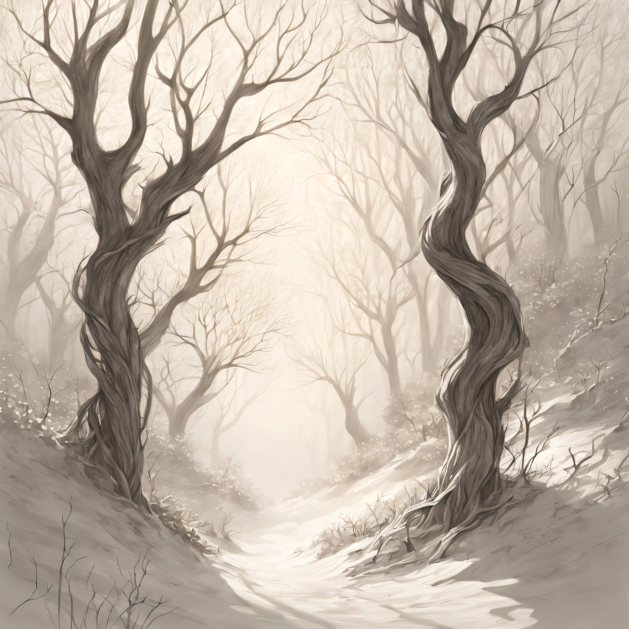 (best quality,4k,8k,highres,masterpiece:1.2),(ultra - detailed),(realisticlying:1.37).illustratio,(pencil drawing),at winter season,black andwhite,ln the forest,(line art),organic lines,crooked branches,hidden path,dense foliage,Twisted vines,Intertwined tree trunks,Ethereal atmosphere,game of light and shadow,Subtle gradients、Gradient shadows、Mottled sunlight、tree crown、forest floor、bark texture、Details of leaves and branches、Fine lines、stroke technique、(Sketch-like texture)。Cover art with light abstraction, Abstract, (Simple vector art), (Hierarchical form).