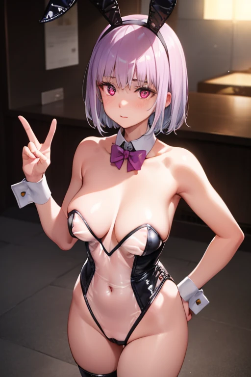 1girl, translucent bunnysuit, hand on hip, large breasts, wrist cuffs, detached collar, 
multiple boys, stripper, rabbit ears, crowd, race queen, 
photographer,, masterpiece, best quality, highly detailed,akaneshinjou, shinjou akane, light purple hair, (pink eyes:1.2), short hair,
((heavy breasts:1.3)),red blush,
BREAK indoors, city,
BREAK looking at viewer, BREAK (masterpiece:1.2), best quality, high resolution, unity 8k wallpaper, (illustration:0.8), (beautiful detailed eyes:1.6), extremely detailed face, perfect lighting, extremely detailed CG, (perfect hands, perfect anatomy),