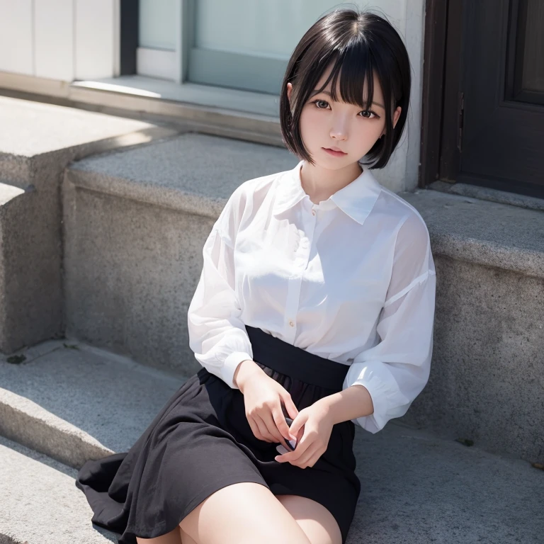 1girl in, 22year old, gradient, up looking_で_viewer, Black_hair, Solo by JM, Yoshiko Akishino, Shorthair, Mare