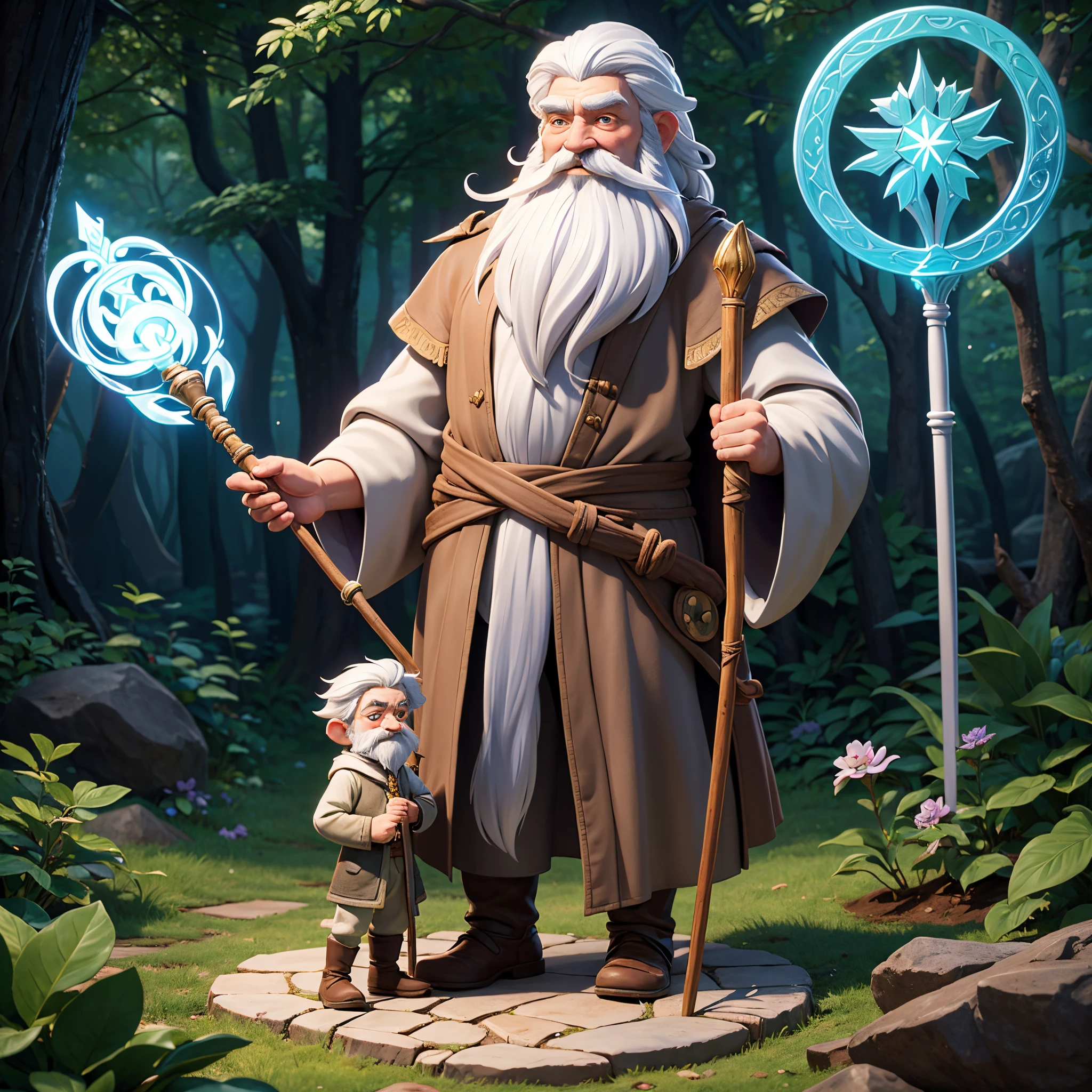 full body image of old wizard with white hair and beard holding a staff in a magical forest.complete characters from children's stories.