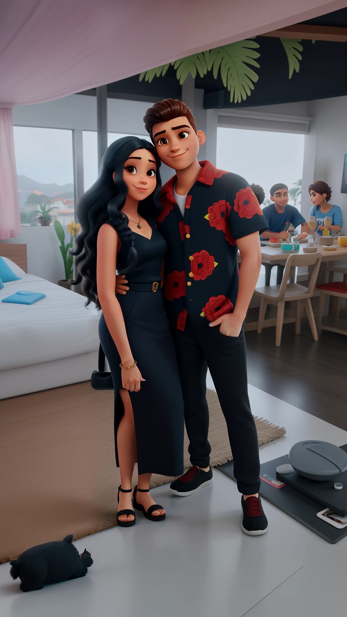 Casal jovem moderno sendo um homem branco com cabelo cortado lateralmente com detalhes raspados penteado para o lado e raspado na lateral, corrente de prata e uma garota com longos cabelos negros lindo sorriso, wide and detailed with reddish lips and thin chin, cabelos ondulados, Menina com pele marrom, pose tirando uma selfie, foto do perfil, foto da roupa, foto do perfil, pose de casal, Roupa preta com detalhes de cabra vermelha e vestido preto, posando juntos, taken in early 2020, namorada linda toda no estilo Disney Pixar. Piercings transversais nas orelhas.