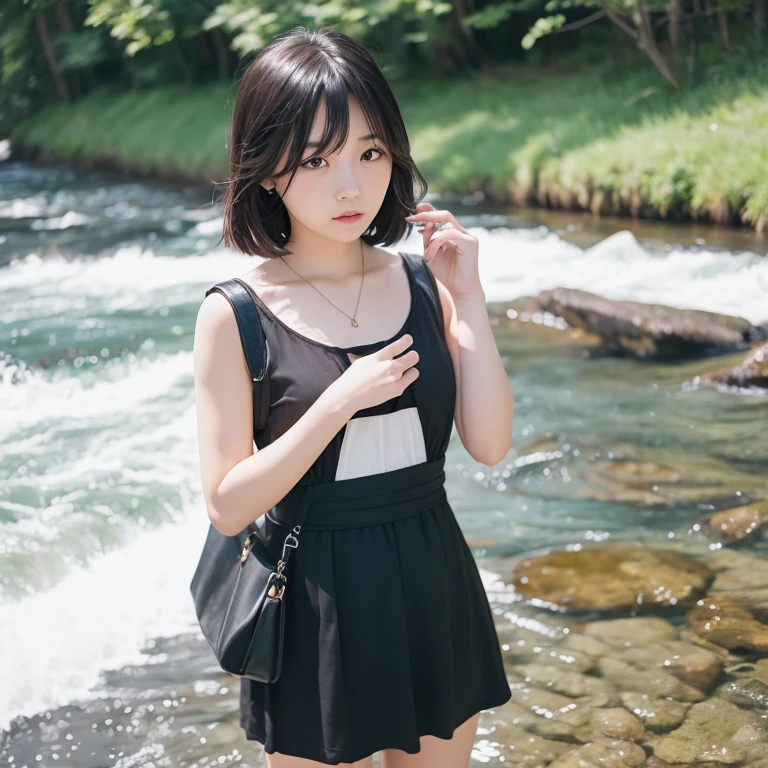 1girl in, 22year old, gradient, up looking_で_viewer, Black_hair, Solo by JM, Yoshiko Akishino, Shorthair, sisterhood, a river