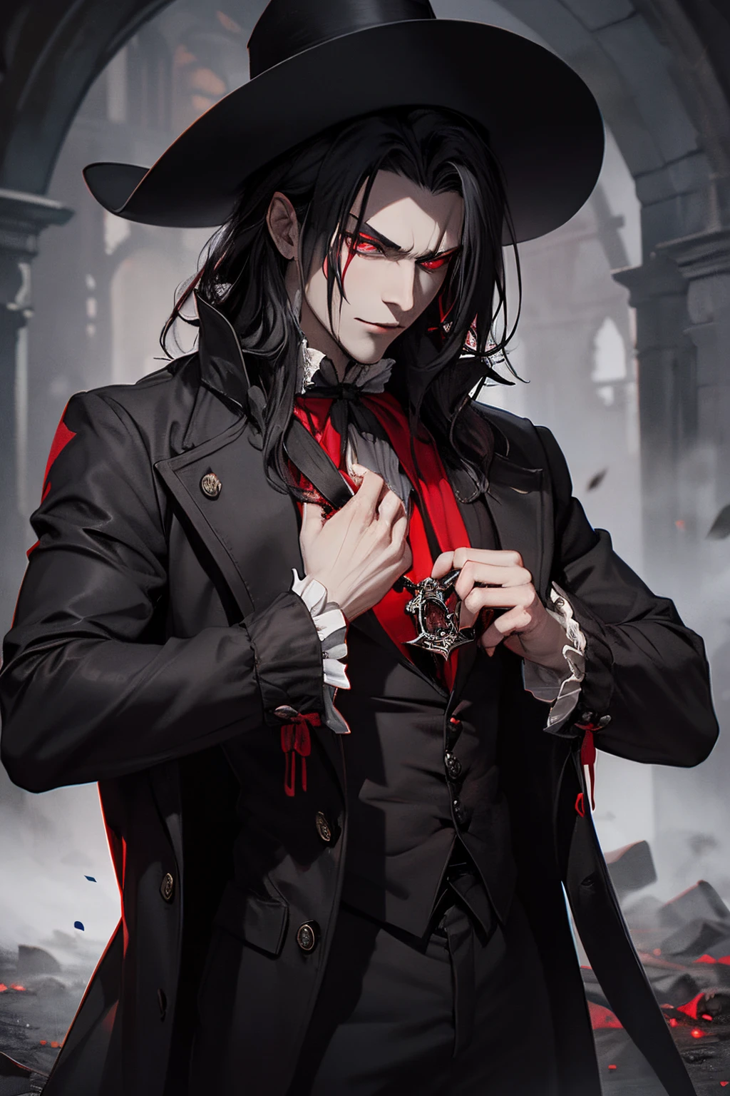 create Dracula, Dark, red eyes, claws, Showing, Partially torn clothing, 18th century style toothpick, Dark background, 血, death, mist, Image, Award-winning, hiquality