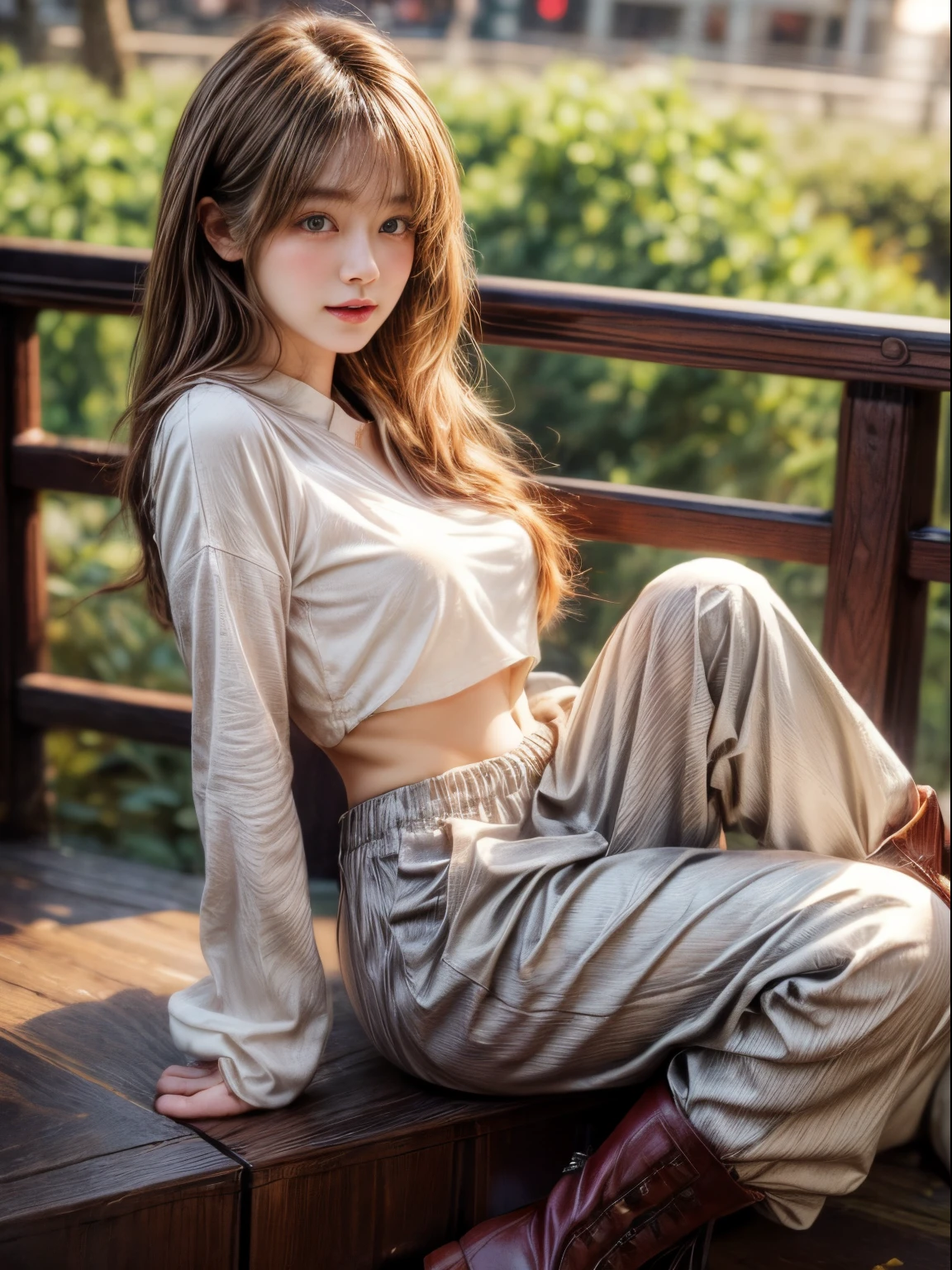 masterpiece、8K、32K、top-quality、(A detailed eye)、(A cute Japanese woman、bangss)、23years old、1 girl in、elegent、(Detailed background depiction、portlate:1.2)、(shirt lift、Lower breast、String pants、Short boots:1.2)、newyork、(Open both legs:1.1)、cowboy shot、ssmile、