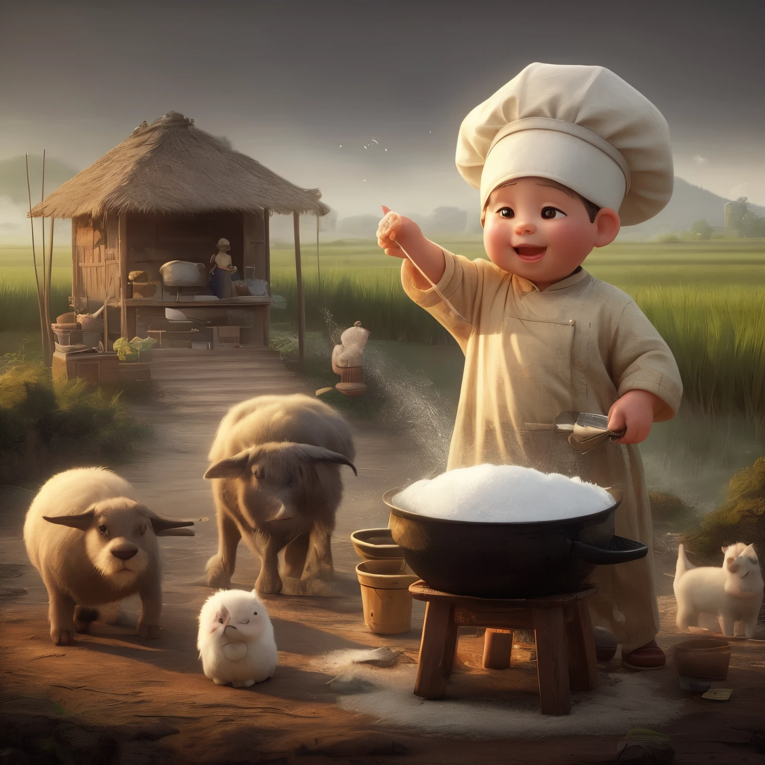 there is a baby that is standing in front of a pot, happy chef, adorable digital painting, ultra humorous oil painting, by Qu Leilei, by Bian Jingzhao, cute digital art, by Wen Zhenheng, by Shang Xi, by Yang J, by Li Song, by Ding Guanpeng, by Zheng Xie, by Liang Kai