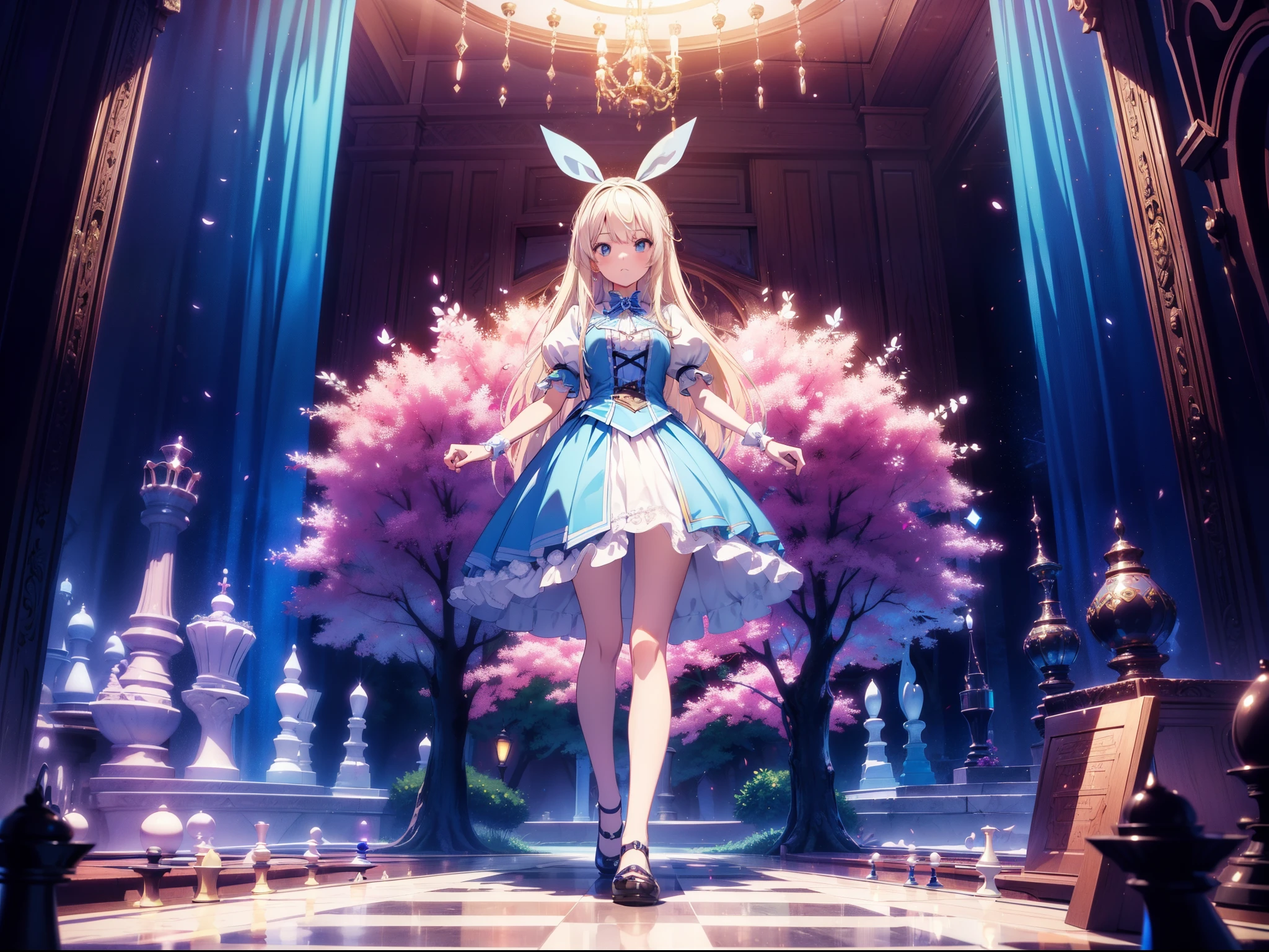 1 dwaft girl hybrid,  chess background, Alice In Wonderland , standing on Chessboard , concept art, fantasy art, (character focus) , high resolution,(incredibly absurdres) ,extremely detailed CG unity 8k wallpaper, ((masterpiece)), ((top-quality)), (beautiful illustration), ((an extremely delicate and beautiful))