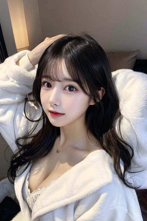 (disheveled white coat)、bedroom、dark ilumination、Dark indoor、bet、Are sleeping、Skin texture is natural,One Woman,japanes,,kawaii,A dark-haired,Middle hair,beutiful breast、Beautiful valley、Angle from above