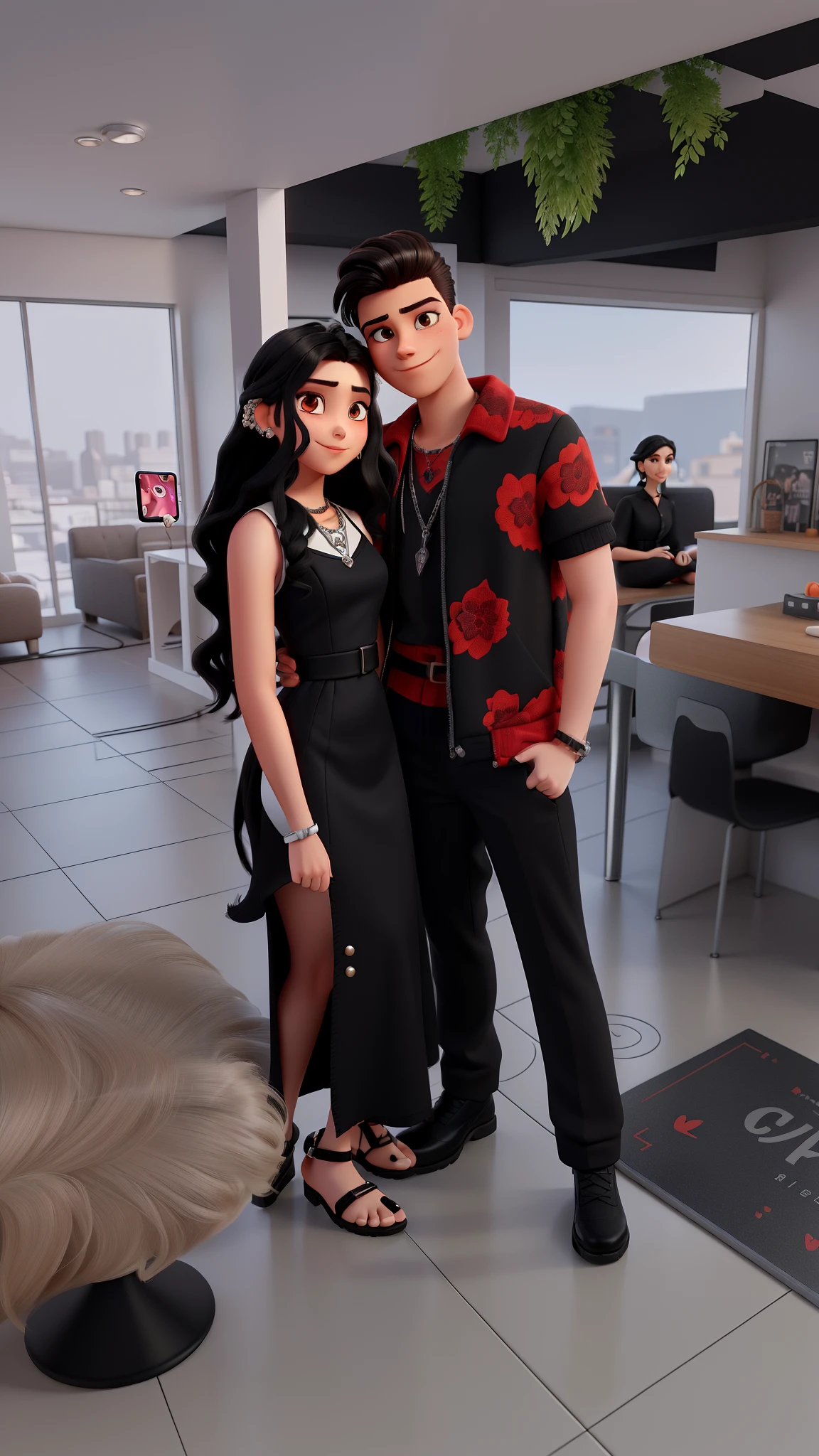 Modern young couple being a white man with sidecut hair with razored details combed to the side and shaved on the side, silver chain and a girl with long black hair beautiful smile, wide and detailed with reddish lips and thin chin, wavy hair, girl with brown skin, pose taking a selfie, profile picture, outfit photo, profile picture, couple pose, Black clothes with red goat details and Black dress, posing together taken in the early 2020s, pretty girlfriend all in the Disney Pixar style. Transverse ear piercings.
