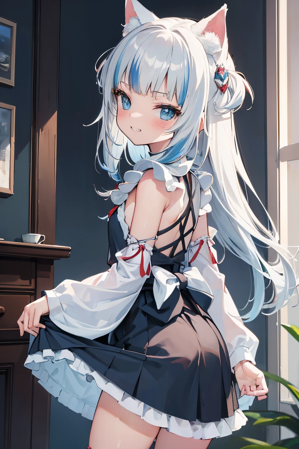 ((Gawr gura)), ((Masterpiece)), (Professional Photography:1.2), ((best quality)), (from behind), wide shot, (flat chest), (grin, very blush), (child), 1girl, slim, slender, silky long hair, put on cat ears, beautiful, (backward leaning), facing viewer, ((cute maid costume)), shell necklace, slightly exposed hip, (place hands on lift up skirt), in the brothel, (erotic atmosphere)