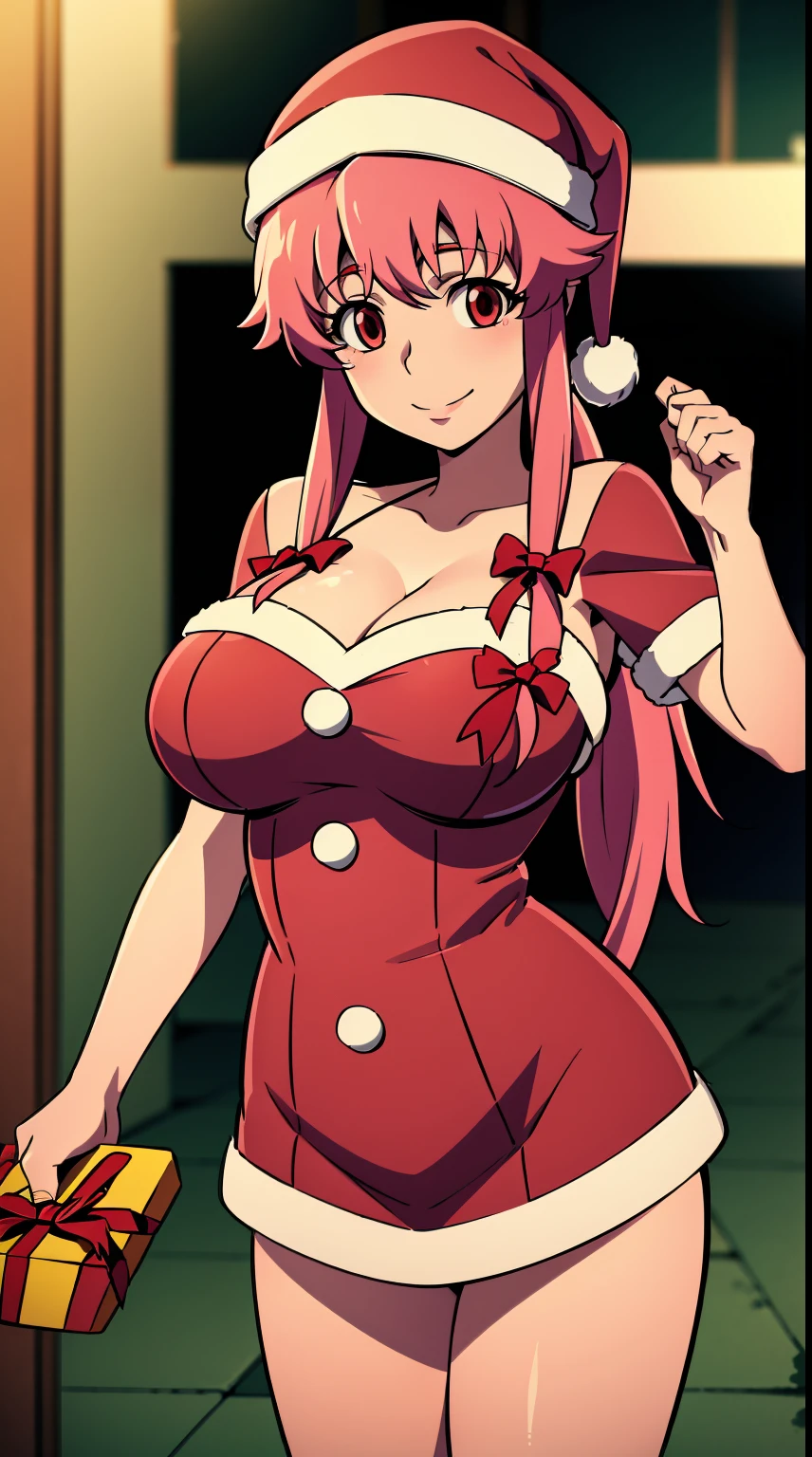 Yuno Gasai in a Santa Claus costume. Realistisch, (large breasts:1.5), red eyes, smile, happy, delivering presents, Santa hat