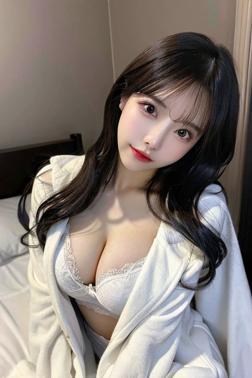 (disheveled white coat、Breasts are visible)、bedroom、dark ilumination、Dark indoor、bet、Are sleeping、Skin texture is natural,One Woman,japanes,,kawaii,A dark-haired,Middle hair,beutiful breast、Beautiful valley、Angle from above
