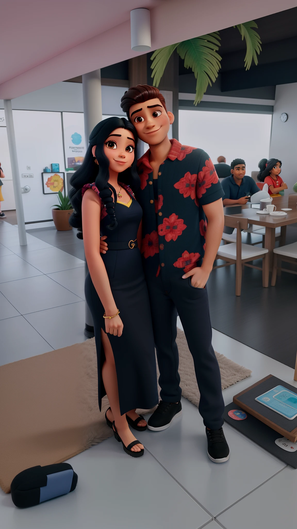 Casal jovem moderno sendo um homem branco com cabelo cortado lateralmente com detalhes raspados penteado para o lado e raspado na lateral, corrente de prata e uma garota com longos cabelos negros lindo sorriso, wide and detailed with reddish lips and thin chin, cabelos ondulados, com pele marrom, pose tirando uma selfie, foto do perfil, foto da roupa, foto do perfil, pose de casal, Roupa preta com detalhes de cabra vermelha e vestido preto, posando juntos, taken in early 2020, namorada linda toda no estilo Disney Pixar. Piercings transversais nas orelhas.