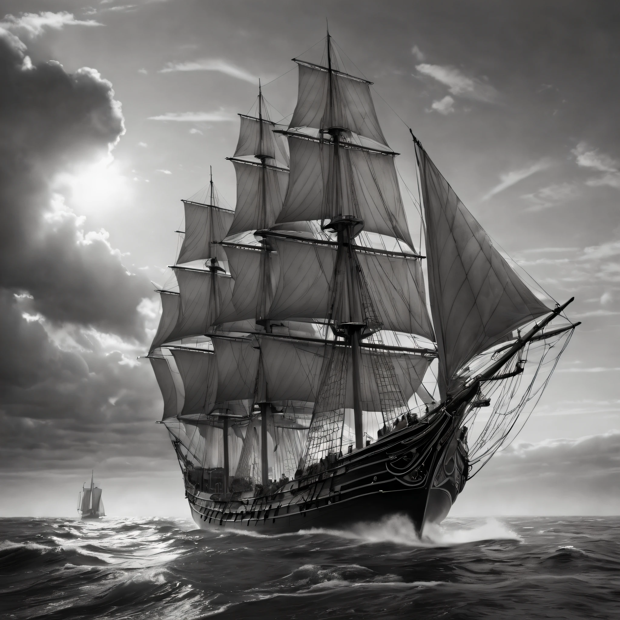 (best quality,4k,8k,highres,masterpiece:1.2), ultra-detailed, realistic:1.37, line art, ancient sailing ship, black and white, fine strokes, intricate details, hand-drawn style, vintage aesthetic, skilled craftsmanship, dramatic contrast, dynamic composition, subtle shading, precise linework, elegant curves, impressive scale, imposing presence, mysterious atmosphere, ocean voyage, billowing sails, towering masts, intricate rigging, crew members, historical setting, distant horizon, serene waters, soft waves, sense of adventure, timeless beauty, nostalgic vibe, classic masterpiece, monochrome magic, emotive lines, artistic interpretation.