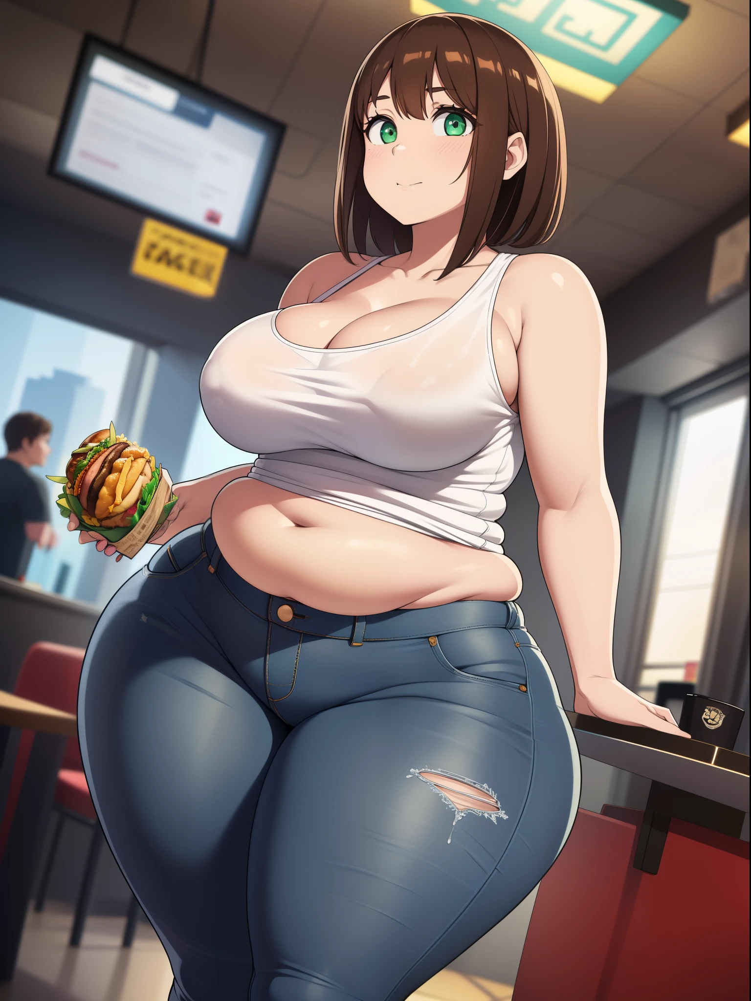 ((highres)), Masterpiece, high quality, best quality, beautiful, perfect lighting, detailed face, ultra cute face, ((1girl)), ((solo)), brown hair, green eyes, jeans, white tank top, tight clothes, fast food restaurant, medium breasts, perky breasts, cleavage, ((wide hips)), ((thick thighs)), ass, ((chubby)), pudgy belly, fat folds, standing,