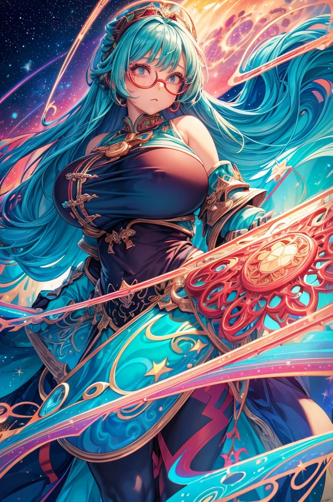 Girl with iridescent hair and detailed teal dress armor,rainbow colored cosmic nebula background, Stars, intergalactic, Intricate details, Perfect face,(((Red glasses with slightly thicker frames:1.2))),((Huge breasts!!!!!!)),(huge-breasted!!!!),((nipple))