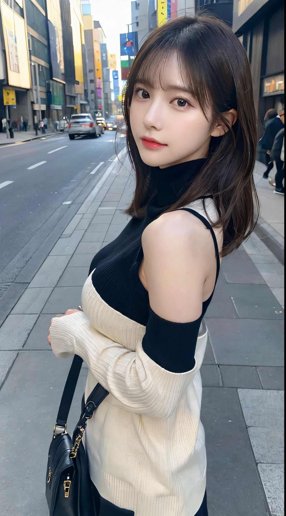 (Colossal tits、Turtleneck sweater、shoulder bags)、(top-quality,masterpiece:1.3,超高分辨率,),(ultra - detailed,Caustics),(真实感:1.4,RAW shooting,)Hyper-realistic capture,A very detailed one,HD 16K human skin、 Natural skin texture、、Skin looks healthy、even skintone、 Use natural light and color,A woman who is,japanes,,kawaii,A brunette one,mid hair,(depth of fields、color difference、、Wide range of lighting、naturalshadow、)、(Hair swaying in the wind:1.2)、Streets of Tokyo