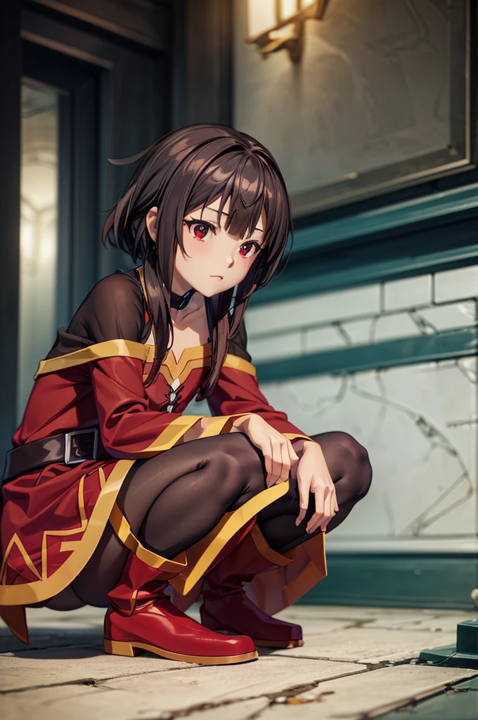 Perfect female shape, (1womanl), (Megumin), red robes, boots, (Wearing pantyhose:1.2), ((squatting with legs open)), The crotch is visible, raw, (top-quality, masterpiece:1.2), (intricate detailes:1.4), (Photorealsitic:1.4), octane renderings, vibrant detail, super detailing, realistic skin textures, Detail Face, Beautiful detail eyes, Very detailed CG Unity 16k wallpaper, make - up, (detailedbackground:1.2), shinny skin,