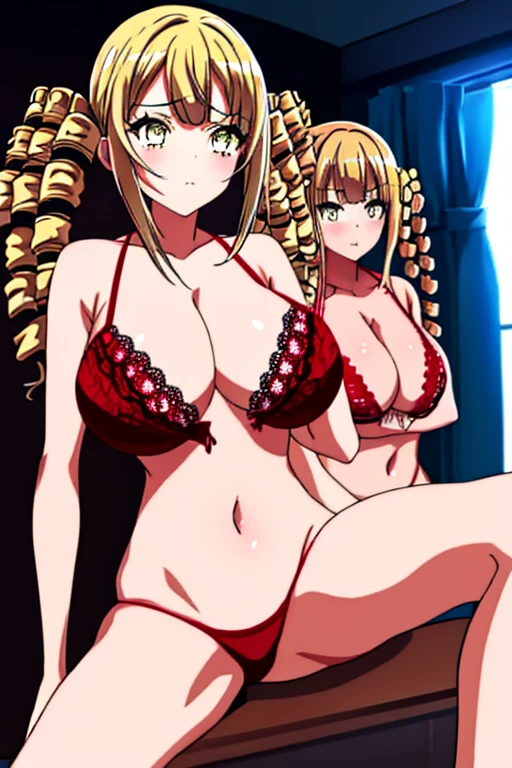 (masutepiece、Best Quality)、Ayame Reikado、Blonde hair、(Yellow eyes:1.5)、Drill Hair、(twin drills:1.5)、1girl in、Open bra、Beautiful eyes、Well-formed face、very large udder、Too big、red ruffled lace bra、red bra shoulder straps、red lace panties、Big and beautiful nipples、Beautiful areola、beauty legs、a room、sexy pose、blushed face、Figure-eight eyebrows、Moist eyes、Seduce a man、shame、