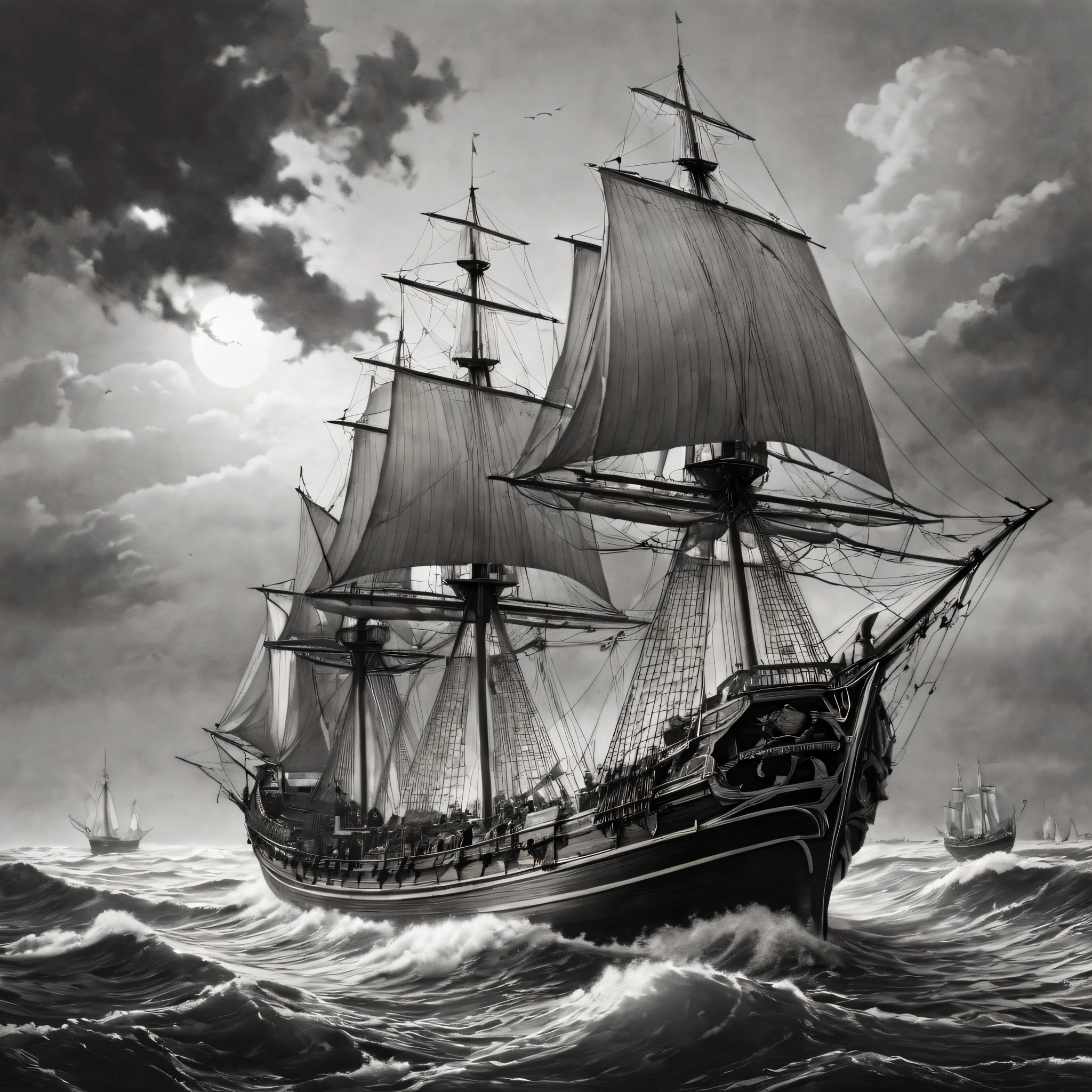 (best quality,4k,8k,highres,masterpiece:1.2), ultra-detailed, realistic:1.37, (pencil drawing)，line art，Ancient sailing ships，black andwhite，fine brushwork，intricately details，hand painted style，retro aesthetics，Skilled craftsmanship，dramatic contrast，Dynamic composition，Subtle light and dark，accurate lines，Elegant curves，Impressive scale，A majestic presence，mystical ambiance，Ocean voyage，Greatwave，Towering mast、complex rigging、crew、historical context、distant horizon、Tranquil waters、Gentle waves、A sense of adventure、Timeless beauty、nostalgic ambiance、A classic masterpiece、monochrome magic、emotional lines、artistic interpretation。