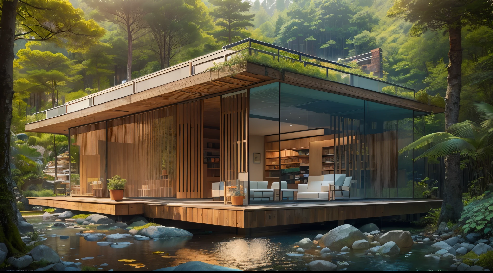 Glass villa in the forest, futuristic wooden house, Vertical wooden panels (((Water falls))), (((one store house))) (minimalism influence), ((Frank Lloyd Wright Fallingwater)),(((with large terraces))), ((natural lake)), waterfall, one-story house, big panorama windows. (((Standing wooden panels)))