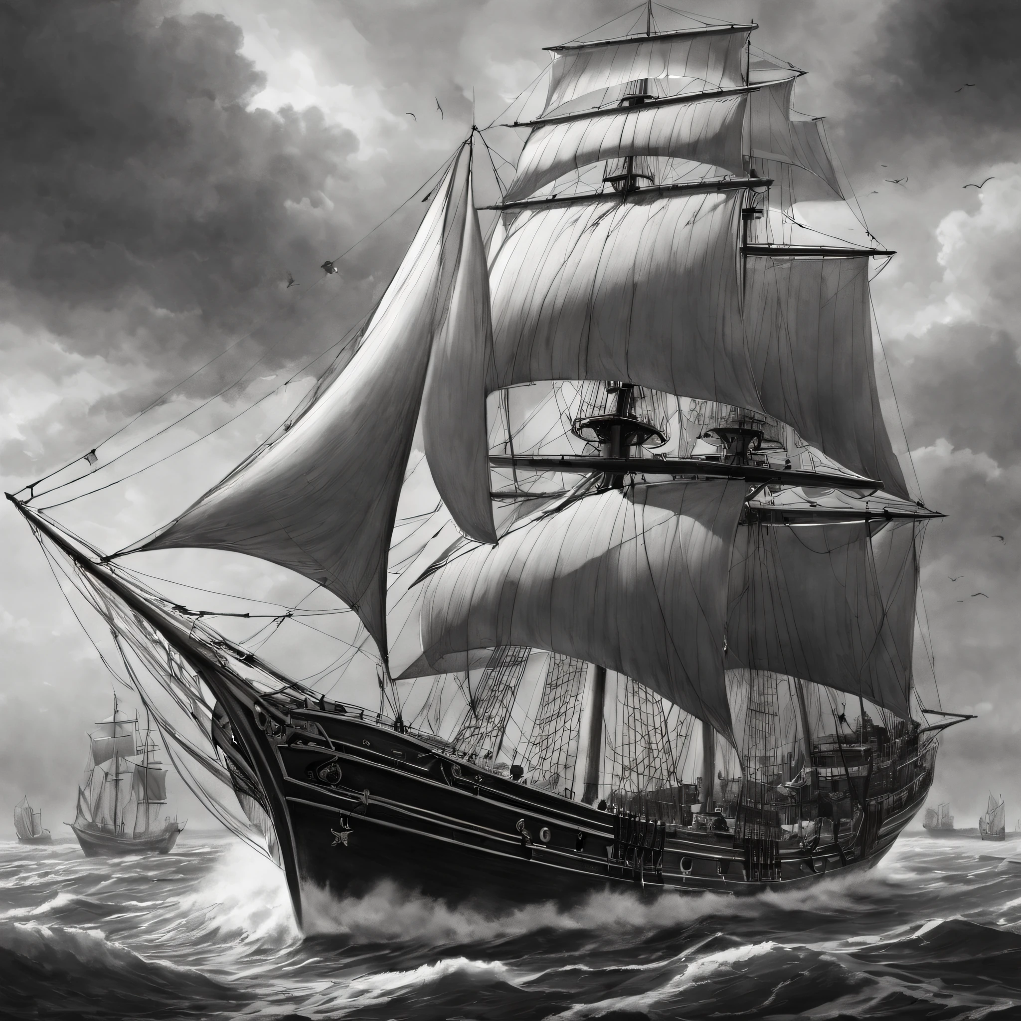 (best quality,4k,8k,highres,masterpiece:1.2), ultra-detailed, realistic:1.37, (pencil drawing),line art,Ancient sailing ships,black andwhite,fine brushwork,(Intricate cables),hand painted style,retro aesthetics,Skilled craftsmanship,dramatic contrast,Dynamic composition,Subtle light and dark,(accurate lines),(Elegant curves),Impressive scale,A majestic presence,swell sea,Towering mast、(complex rigging)、A classic masterpiece、monochrome magic、emotional lines、artistic interpretation。