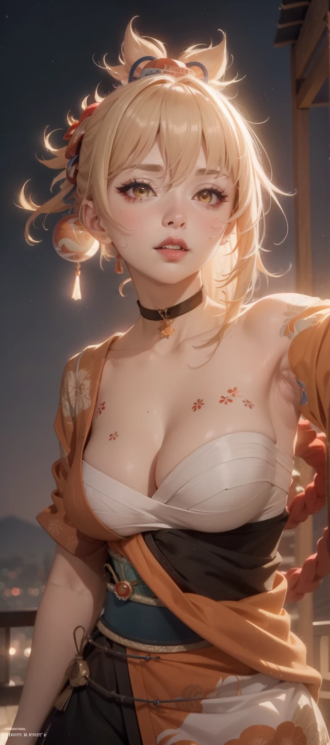 ((masterpiece)),(bestquality),((ultra-detailed)), ((beautiful detailed sky)), ((cinematic lighting)), depth of field, (dynamic angle),detailed lighting,(beautiful detailed eyes), ((japan night view)),red lip, eyeshadow,large breast, (erotic), ((sexy)), cleavage, navel, exposed armpits, (yoimiyadef, yoimiyarnd)