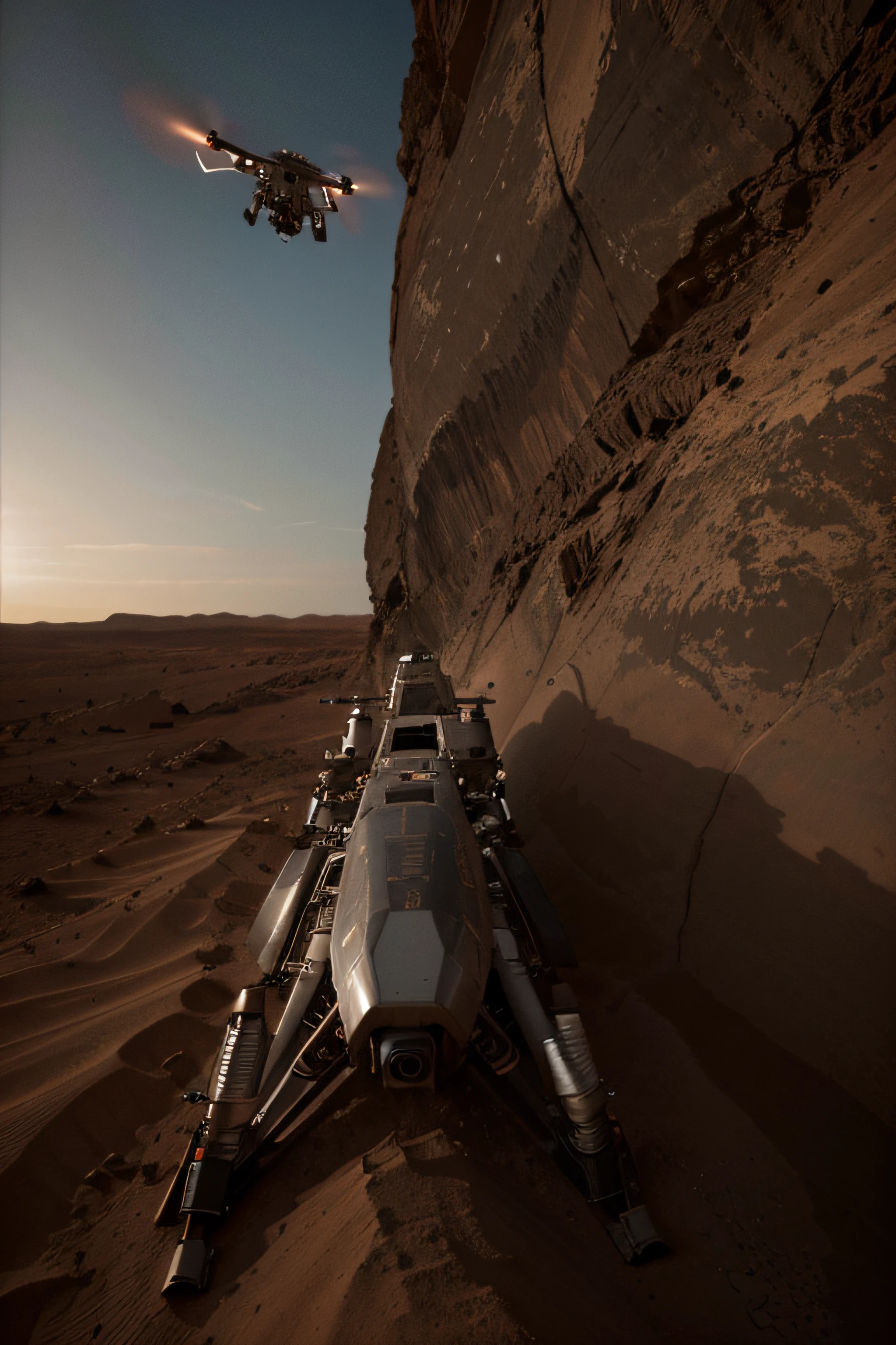 On Mars, unmanned aerial vehicle is flying, the picture is bright, the metal texture is strong, the photography master, the details of the Martian sky, ultra-wide angle, high realism, light and dark