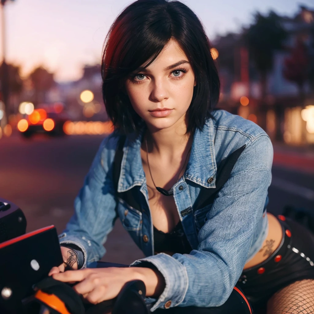 (best quality,Realistic:1.2), ultra-detalhado, Menina, vivid colors, fotorrealista, cabelo preto com pontas vermelhas, serious expression with expressive look
, Olhos azuis claros