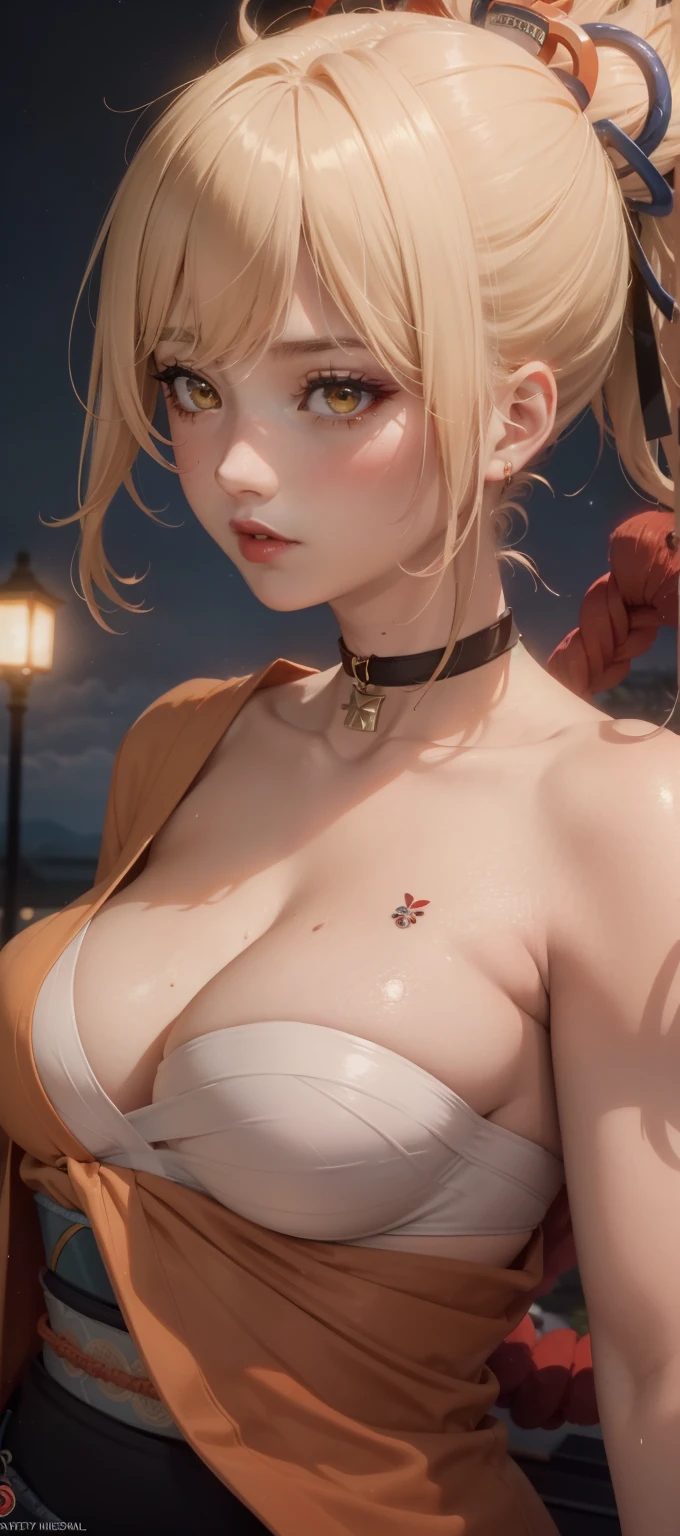 ((masterpiece)),(bestquality),((ultra-detailed)), ((beautiful detailed sky)), ((cinematic lighting)), depth of field, (dynamic angle),detailed lighting,(beautiful detailed eyes), ((japan night view)),red lip, eyeshadow,large breast, (erotic), ((sexy)), cleavage, navel, exposed armpits, (yoimiyadef, yoimiyarnd)