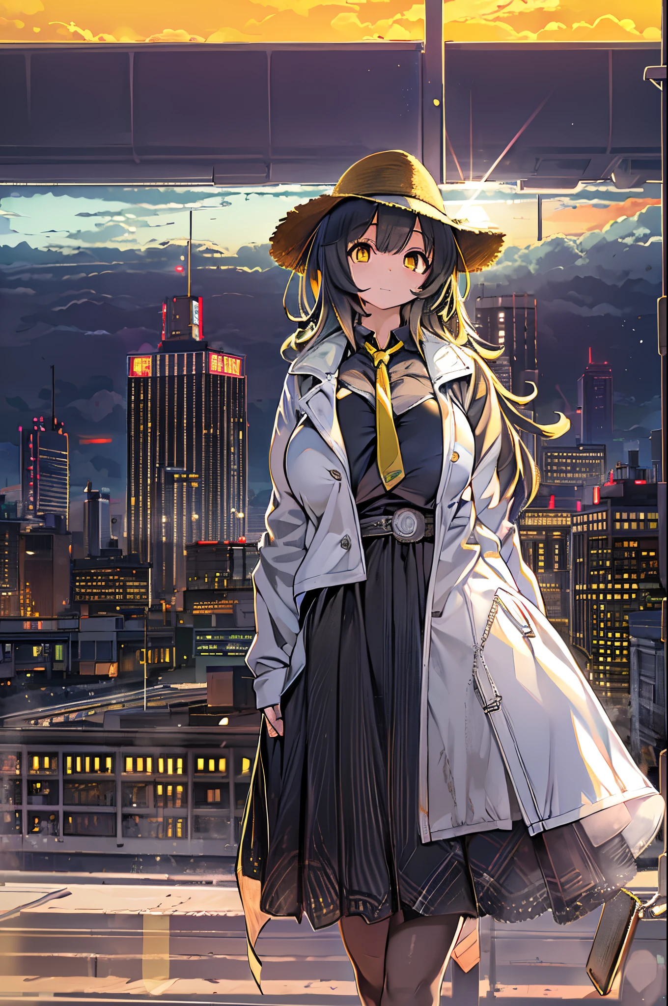 1girl in, intricate detailes, masutepiece, Best Quality, ighly detailed,Cinematic lighting, Beautiful detailed glow, Dense beautiful face and eyes, 8K, Dark intense shadows, Yellow eyes, Medium Hair, Black hair, Bangs, Floating hair, Black jacket, Open jacket, White shirt, deadpan, yellow necktie, Black skirt, Spotlight, Sunshine, Sunrise, Gradient sky, city, Lens Flare, Cowboy Shot, [[Curve]], [maturefemale]