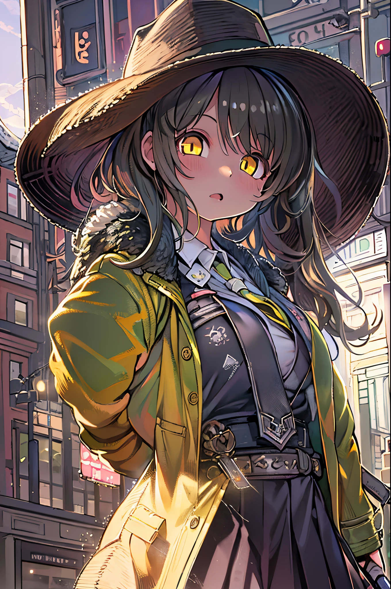 1girl in, intricate detailes, masutepiece, Best Quality, ighly detailed,Cinematic lighting, Beautiful detailed glow, Dense beautiful face and eyes, 8K, Dark intense shadows, Yellow eyes, Medium Hair, Black hair, Bangs, Floating hair, Black jacket, Open jacket, White shirt, deadpan, yellow necktie, Black skirt, Spotlight, Sunshine, Sunrise, Gradient sky, city, Lens Flare, Cowboy Shot, [[Curve]], [maturefemale]