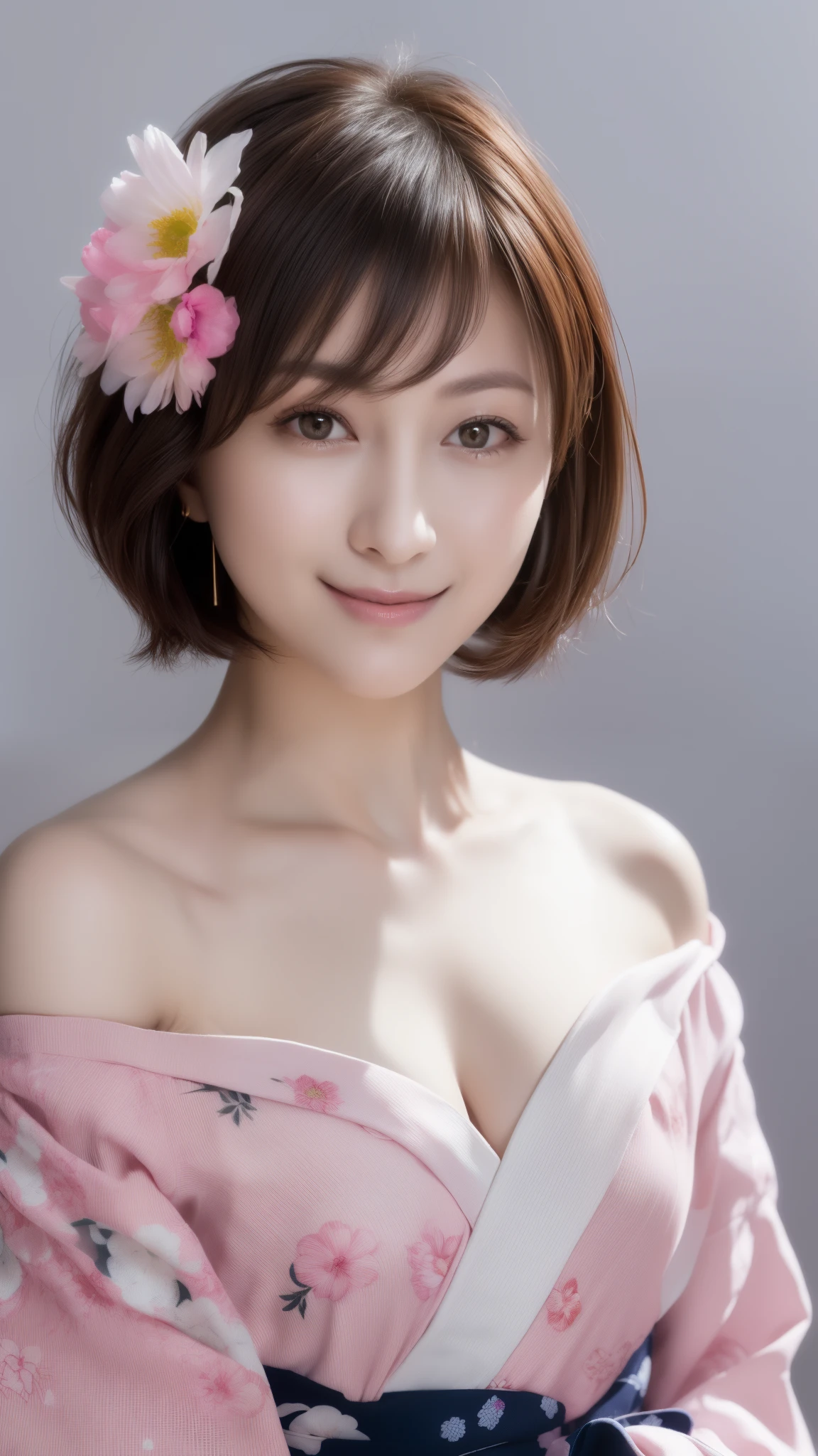 top-quality、8K、hight resolution、femele、((greybackground))、((Pure white off-shoulder pink floral pattern yukata))、straight look at viewer、(1 Girl's eyes looking at the viewer、short straight bob hair、A dark-haired、Aligned bangs)、(Smile with closed mouth)、pureerosface_v1、