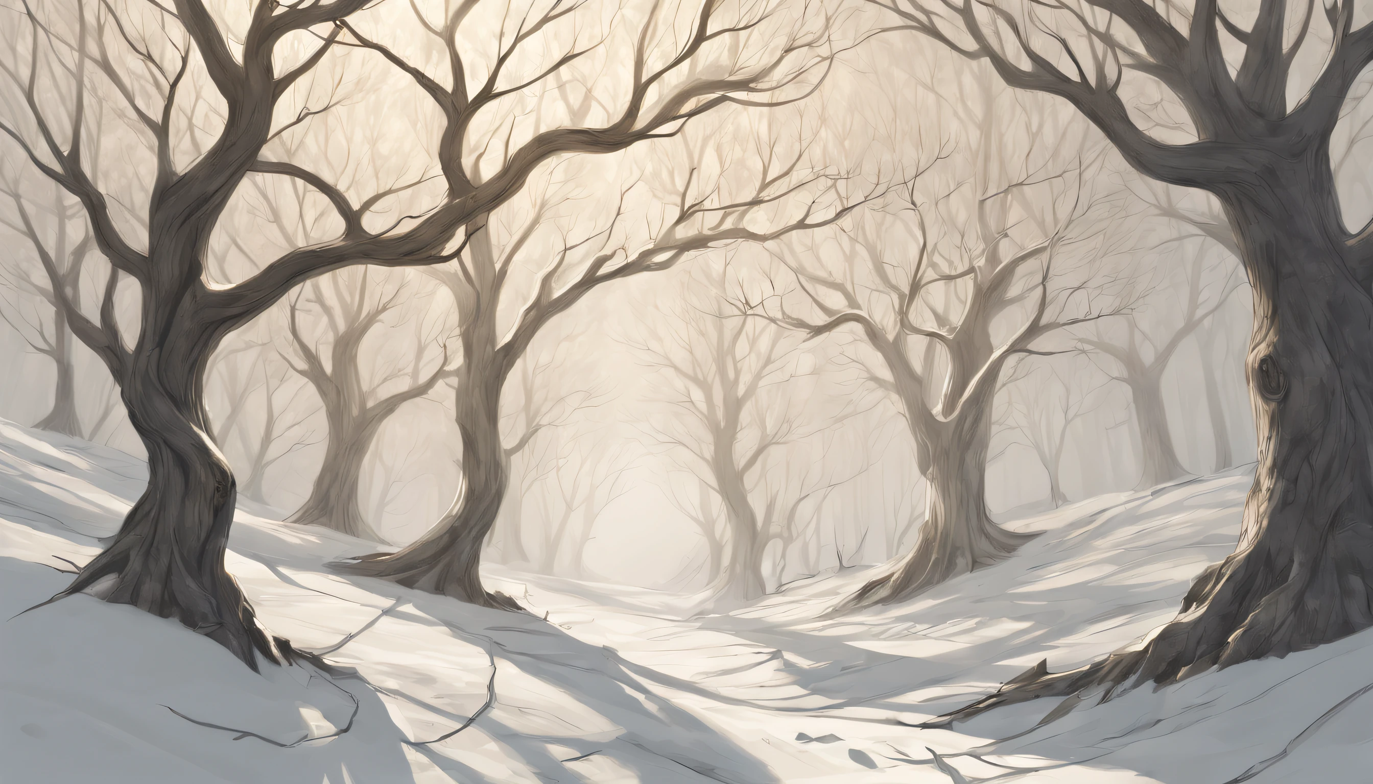 (best quality,4k,8k,highres,masterpiece:1.2),(ultra - detailed)，(realisticlying：1.37).illustratio，(pencil drawing)，at winter season，black andwhite,(ln the forest)，(line art)，organic lines，(crooked branches)，hidden path，(Twisted vines)，(Intertwined tree trunks)，Ethereal atmosphere，game of light and shadow，Subtle gradients、Gradient shadows、Mottled sunlight、tree crown、forest floor、(bark texture)、branch details、(Fine lines)、(stroke technique)、(Sketch-like texture)。Abstract, (Simple vector art), (Hierarchical form).