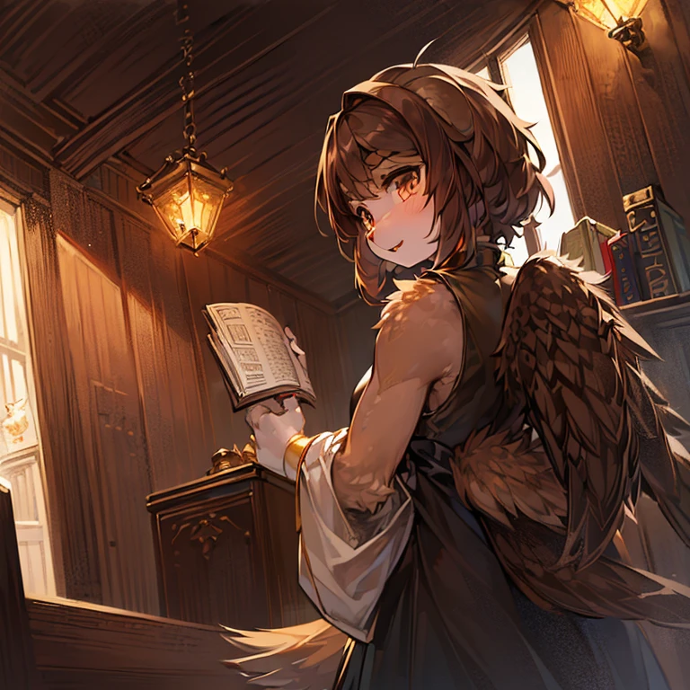 ((Best quality at best, 8K, tmasterpiece :1.3)), ((dark brown hair, : )),beak,The claws of birds,Cute owl furry girl,hairy female,owl wings,Holding a book, Bird's claw,Sleeveless, ,Research,looking at viewert,beak,slightly above,photorealistic colors,No hair
