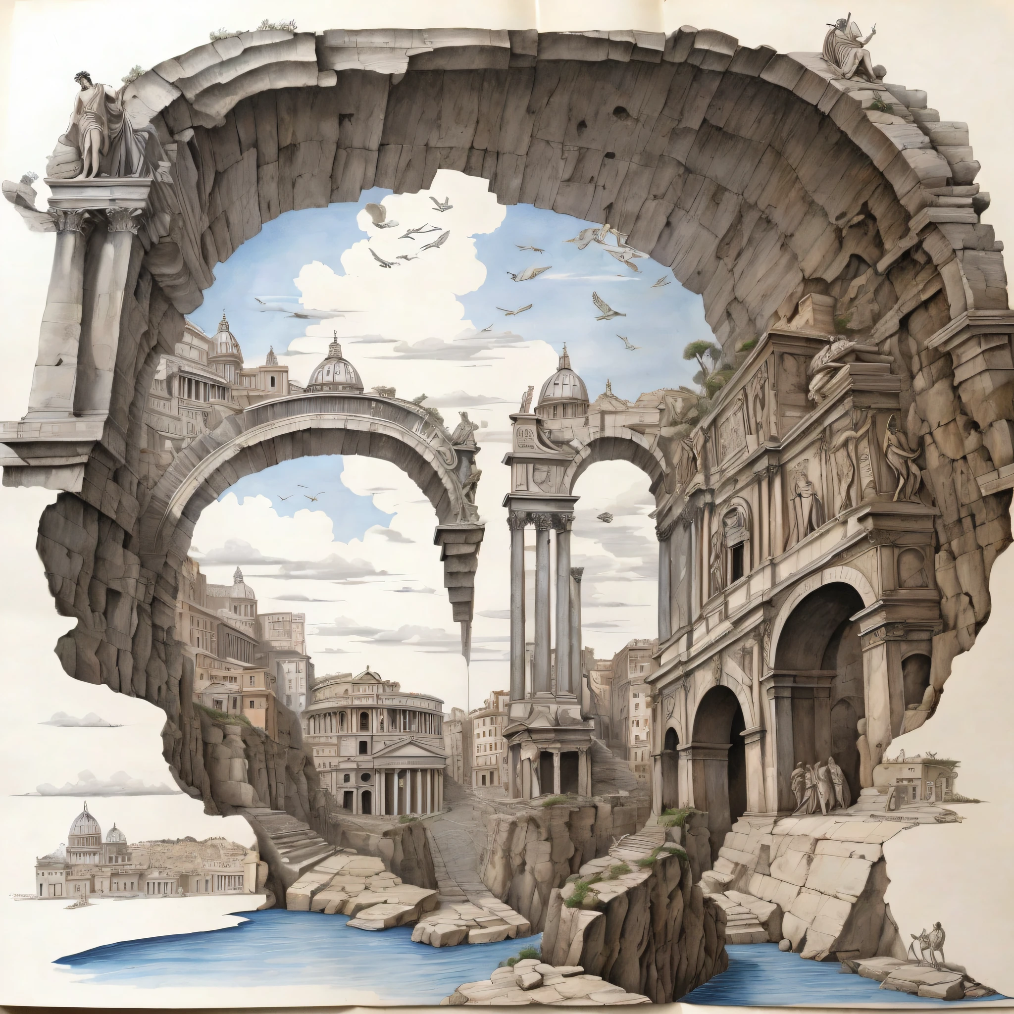 Arahed painting of a bridge with a view of the city, surrealistic roman architecture, inspired by piranesi, Inspired by Giovanni Battista Piranesi, piranesi style, by István Leti, Francesco Raibolini, Written by Francesco Bartolozzi, Carlo Landanini, Written by Piranesi, Realistic painting of the complex