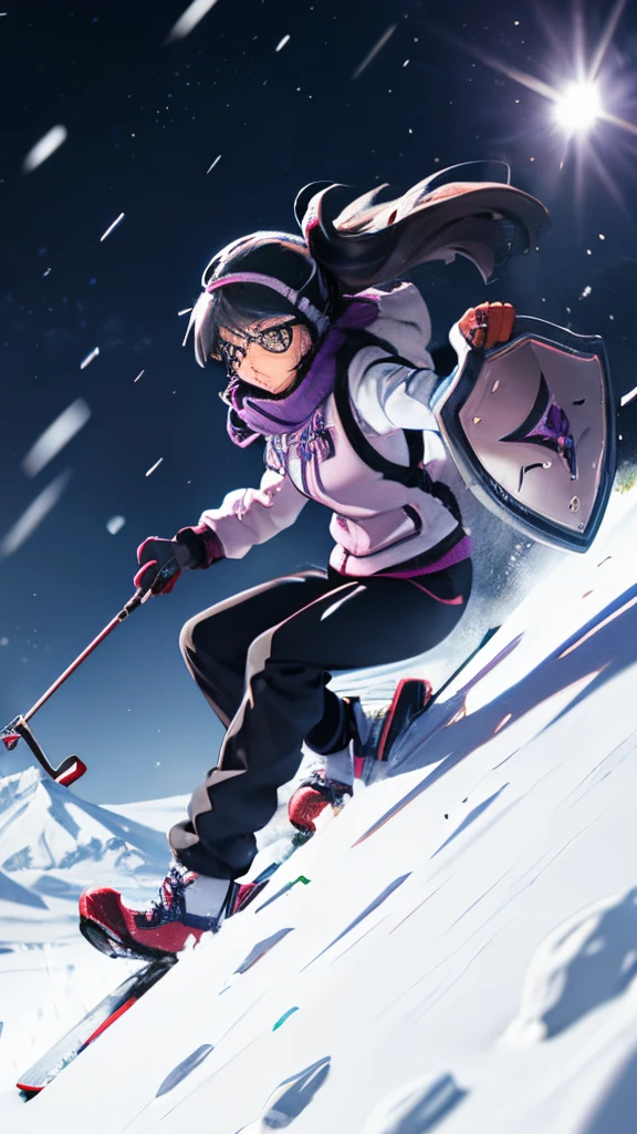 Homura Akemi, Anime Female, young, mountain ,snow, sweater, gloves, blowing wind, dark gray hair, purple eyes, skiing goggles, shield, pistol