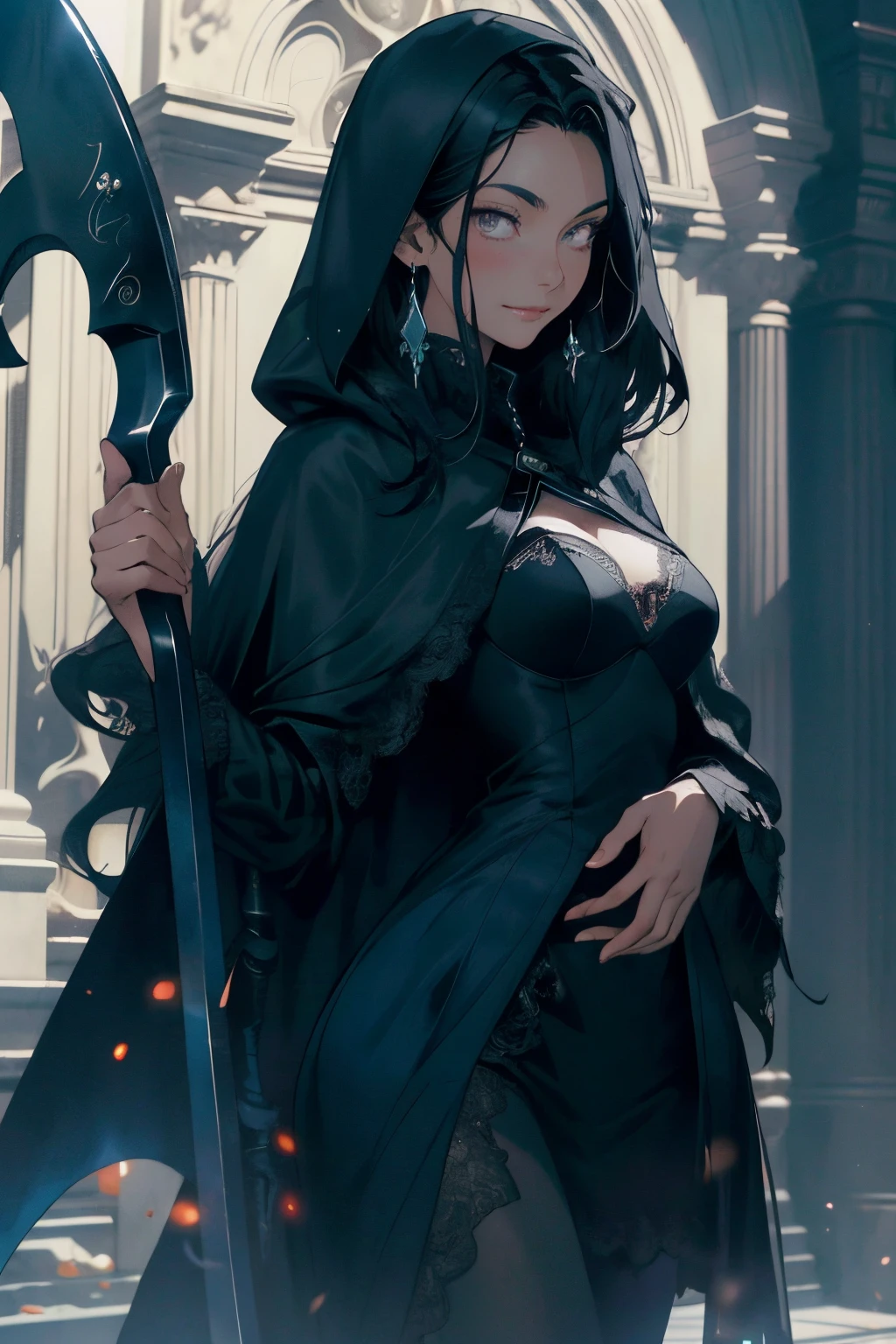 (ruined city), grim reaper, black scythe, robe, absurdres, RAW photo, extremely delicate and beautiful, masterpiece, Best Quality, ultra high resolution, 32k, hyperrealistic, ultra-detailed, detailed description, pale skin, 20 years old, tearful mole, earring, short medium hair, wavy hair, whole body shot,