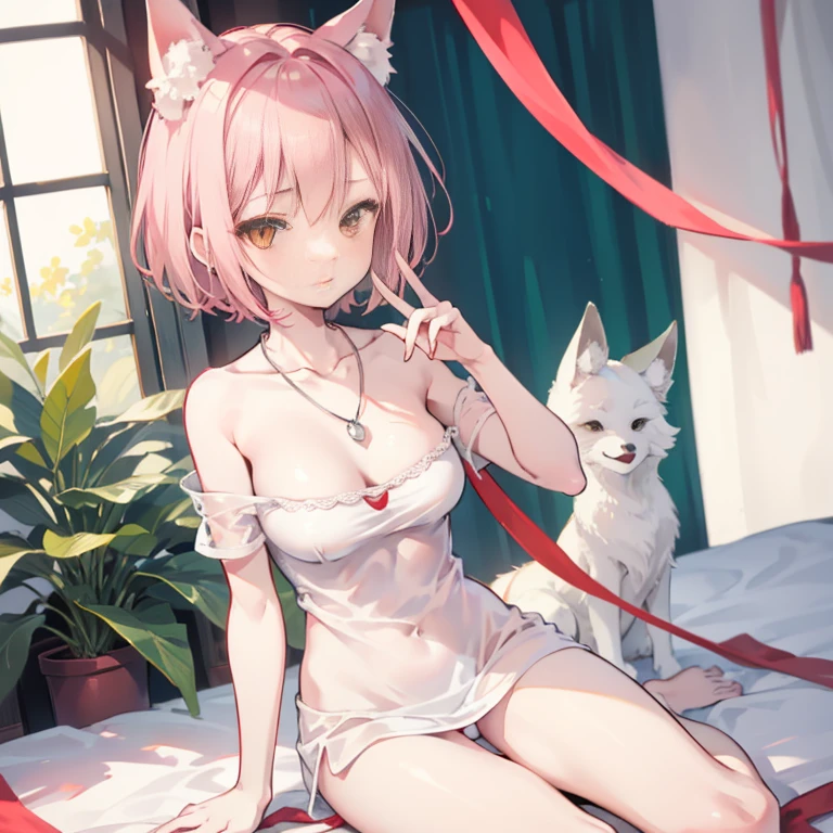 light red short hair，head decorated with yellow cloth，Breasts are super full，The figure looks petite，Smooth and delicate long legs，Wearing a milky white T-shirt，He wears a silver necklace around his neck，It has pink fox ears，And cute pink and white fox tails，This is a super beautiful girl