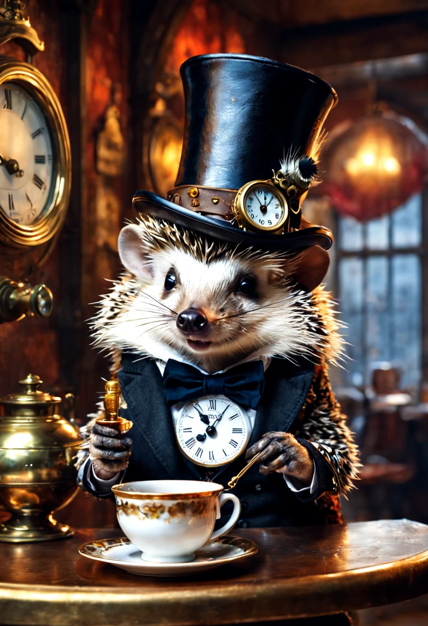 A sophisticated hedgehog wearing a steampunk top hat adorned with a clock, sipping tea at an elegant café, warm ambient lighting, brass accessories, steam rising from a porcelain cup, soft focus background, hyperdetailed fur texture, 8k resolution.
Style by Gabriele Dell'otto, AI Midjourney, bright saturated colors, watercolor, oil paints, HDR, 500px, 4k,