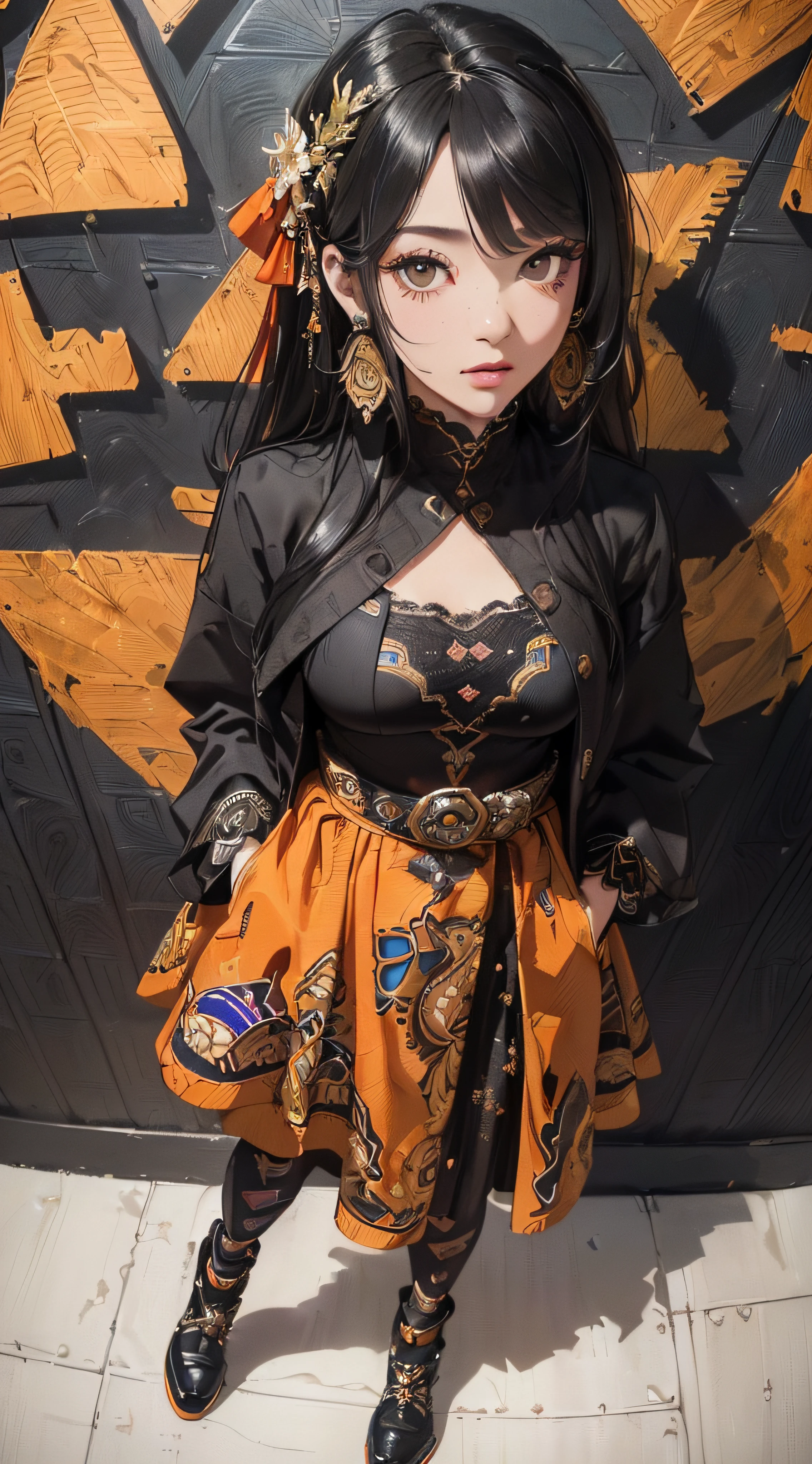 (((8k wallpaper of extremely detailed CG unit:1.2, masterpiece, hight resolution:1.2, top-quality:1.2, masutepiece))), ((a very beautiful woman, Hands in pockets:1.8, Grunge Fashion:1.2, Wearing a blouson:1.2, Wearing a long skirt, Wearing shoes)), ((extra detailed face, Highly detailed black eyes, extra detailed body, Top quality real texture skins)), (A dark-haired, length hair, de pele branca, Small:1.2), ((Colorful geometric patterns are painted all over the wall..., Colorful wall)), (high-angle:1.2, Fisheye:1.3), hyper realisitic, digitial painting,
