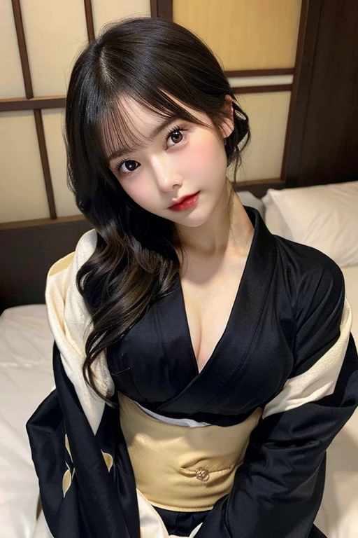 (disheveled kimono 1:9、Upper body naked、beutiful breast、beautiful nipple)、Bedroom at night、Dark indoor、bet、Are sleeping、Skin texture is natural,One Woman,japanes,,kawaii,A dark-haired,Middle hair、Angle from above