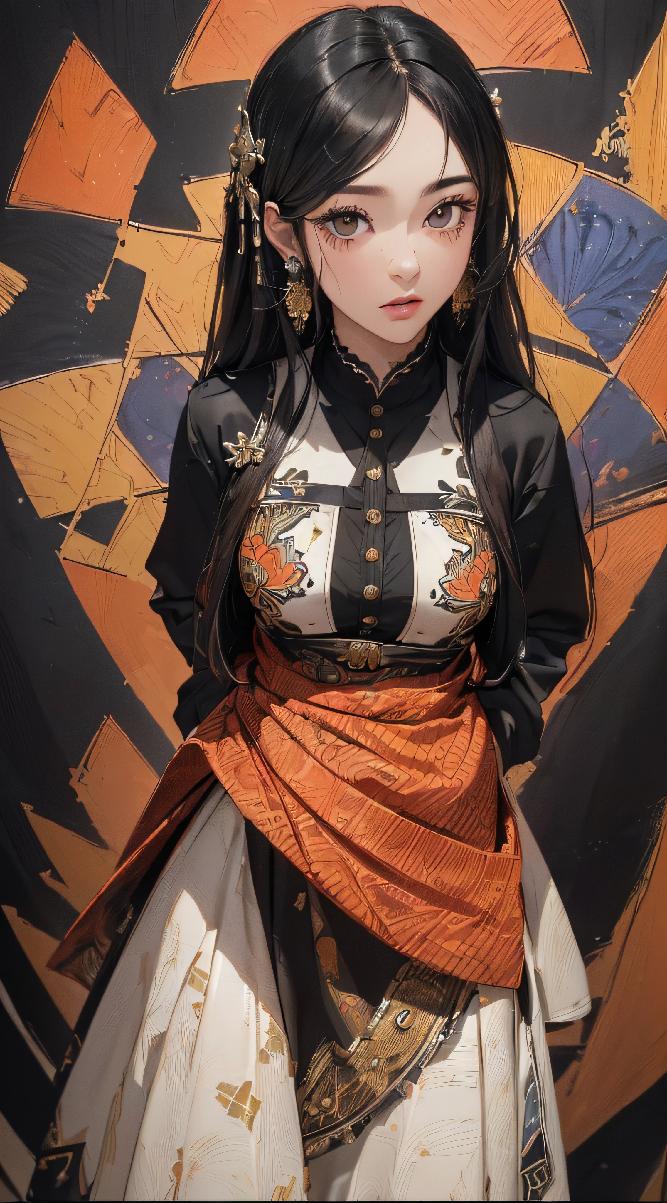 (((8k wallpaper of extremely detailed CG unit:1.2, ​masterpiece, hight resolution:1.2, top-quality:1.2, masutepiece))), ((a very beautiful woman, Hands in pockets:1.8, Grunge Fashion:1.2, Wearing a blouson:1.2, Wearing a long skirt, Wearing shoes)), ((extra detailed face, Highly detailed black eyes, extra detailed body, Top quality real texture skins)), (A dark-haired, length hair, de pele branca, Small:1.2), ((Colorful geometric patterns are painted all over the wall..., Colorful wall)), (high-angle:1.2, Fisheye:1.3), hyper realisitic, digitial painting,