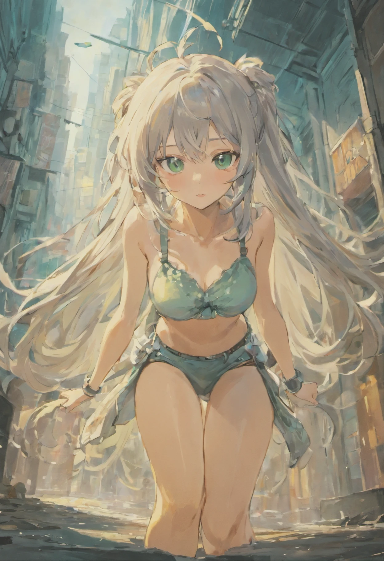 masterpiece, best quality, long hair, silver hair, outdoors, crop top, underboob, sweat, suspenders, miniskirt, green eyes,
