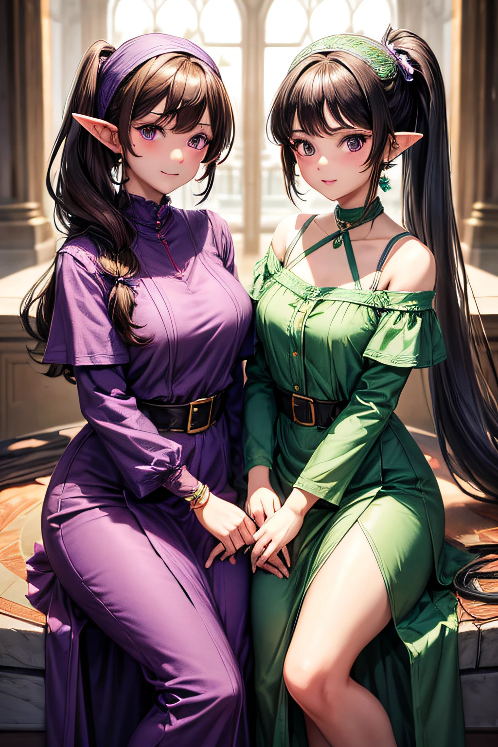 2girls, elf, same hair, identical twins, young adult, long dark brown hair, side ponytail, purple eyes, wearing matching plain green dress, simple silver jewelry, palace, absurdres, high res, ultrasharp, 8K, masterpiece, looking at viewer