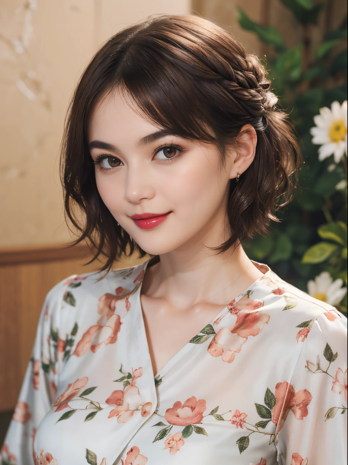 109
(a 20 yo woman,is standing), (A hyper-realistic), (high-level image quality), ((beautiful hairstyle 46)), ((short-hair)), (Gentle smile), (Keep your mouth shut), (lipsticks), (breasted:1.1), Floral clothing