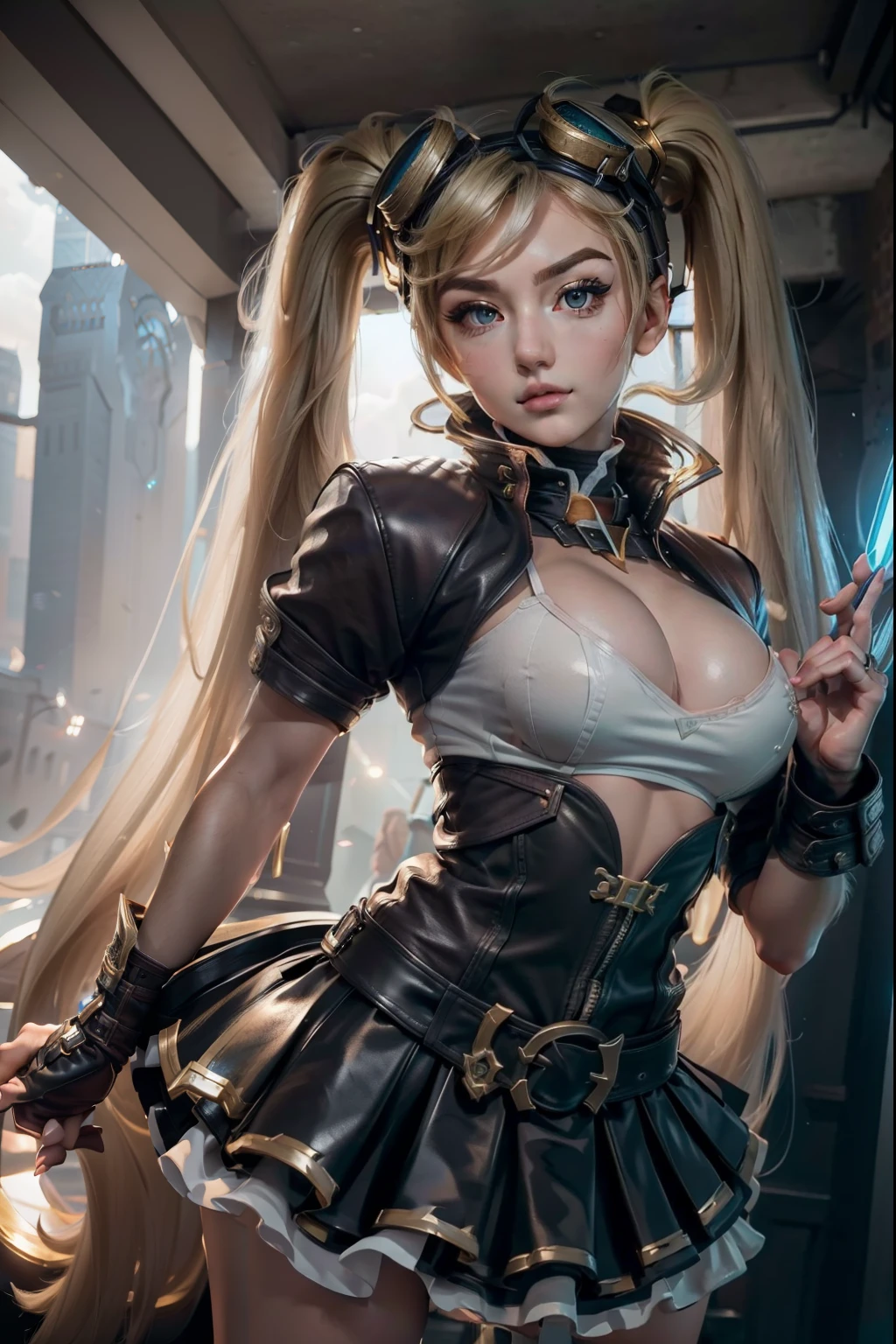 (generate layla from mobile legends, lady with double pigtail hairstle, wearing small leather jacket, (bigboobs), tanktop, skirt, holding big gun, beautifull face, pretty face, beautifull eyes, beautifull nose, raytracing, beautifull fingers, beautifull hands, (4 fingers in 1 hand), full body photoshoot, pretty makeup, perfect anatomy, good lighting, professional photoshoot, sharp eye, fresh lips