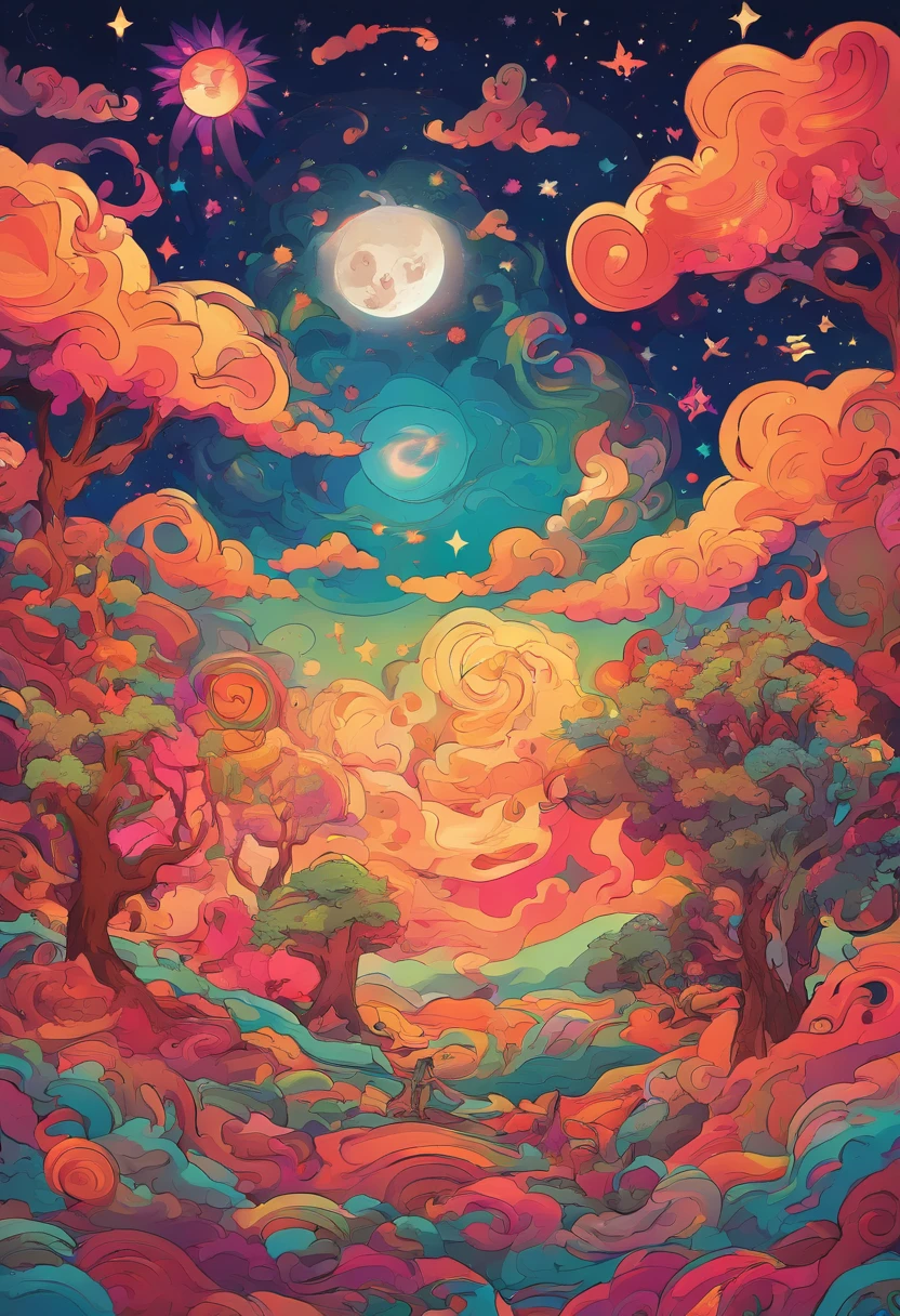 clouds and trees々Starry sky and warm moon,The main character is a reddish-brown cat